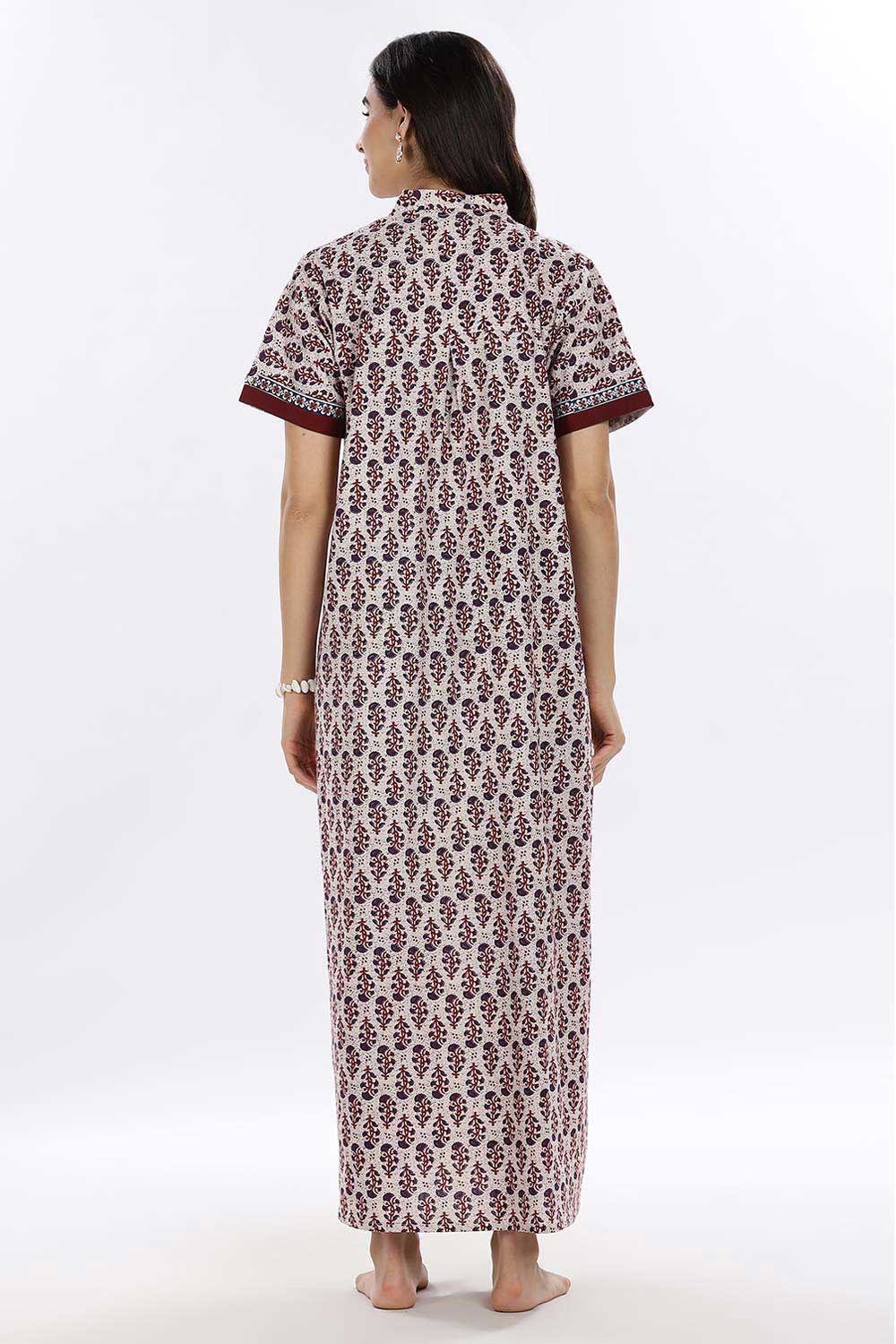 Naidu Hall Women’s Printed Cotton Blend Full Length Nighty with Mandarin Collar and V Slit
 - Maroon - NA67