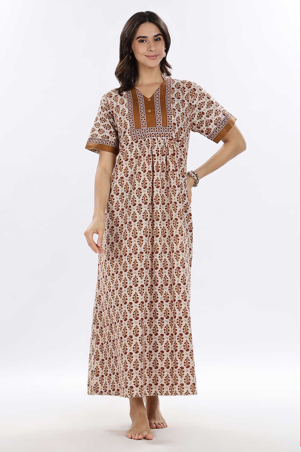 Naidu Hall Women’s Printed Cotton Blend Full Length Nighty with Mandarin Collar and V Slit
 - Mustard - NA67