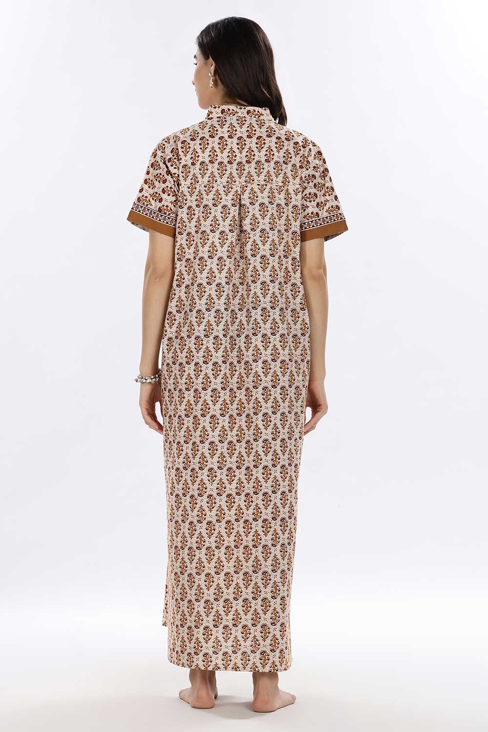 Naidu Hall Women’s Printed Cotton Blend Full Length Nighty with Mandarin Collar and V Slit
 - Mustard - NA67