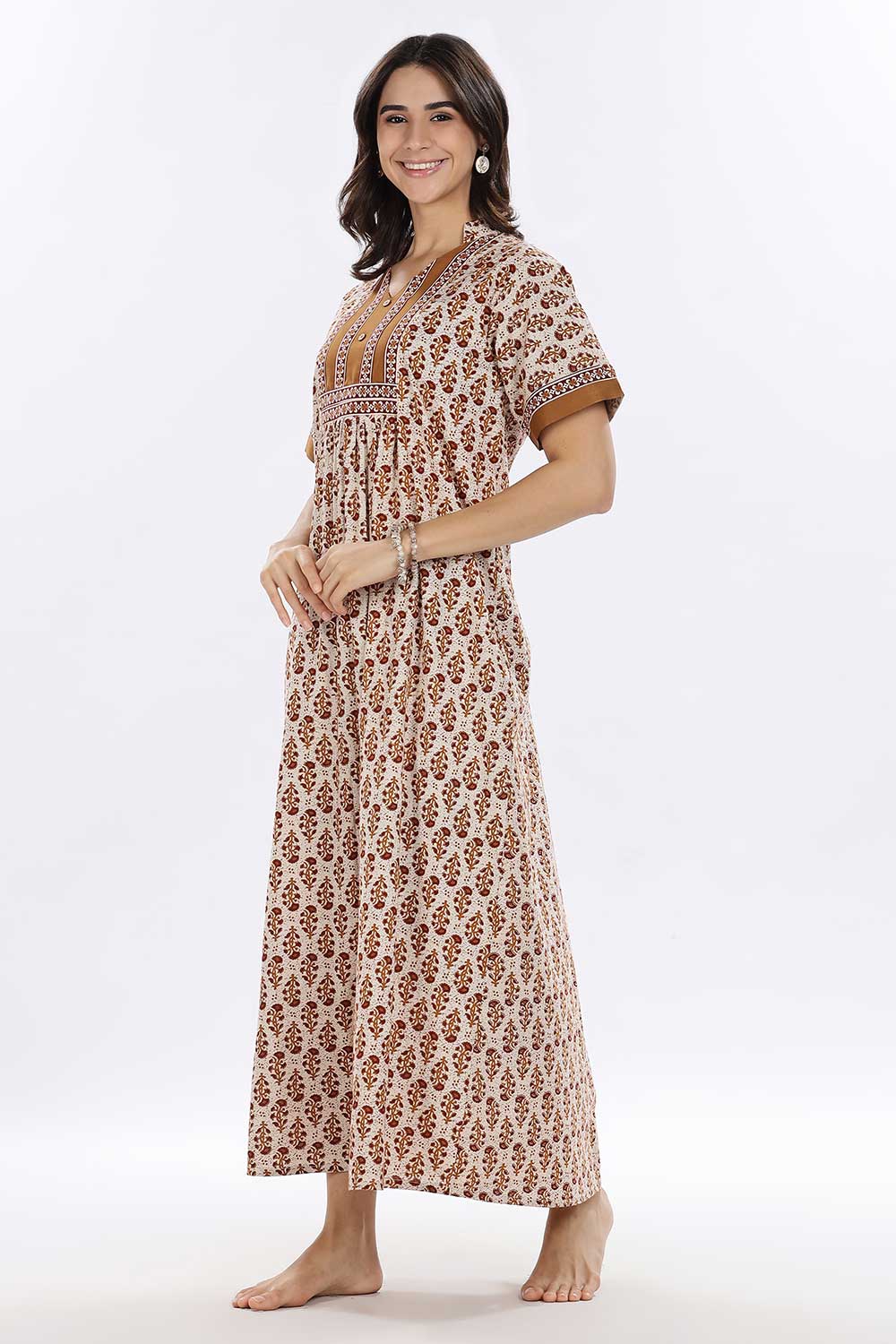 Naidu Hall Women’s Printed Cotton Blend Full Length Nighty with Mandarin Collar and V Slit
 - Mustard - NA67