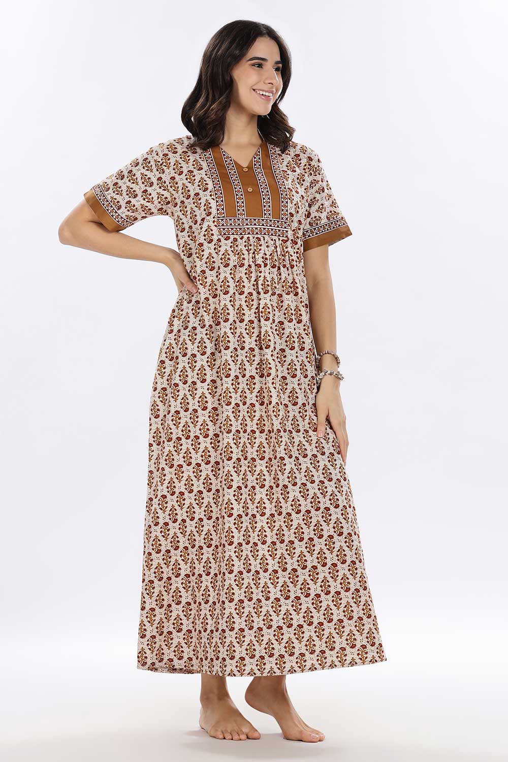 Naidu Hall Women’s Printed Cotton Blend Full Length Nighty with Mandarin Collar and V Slit
 - Mustard - NA67