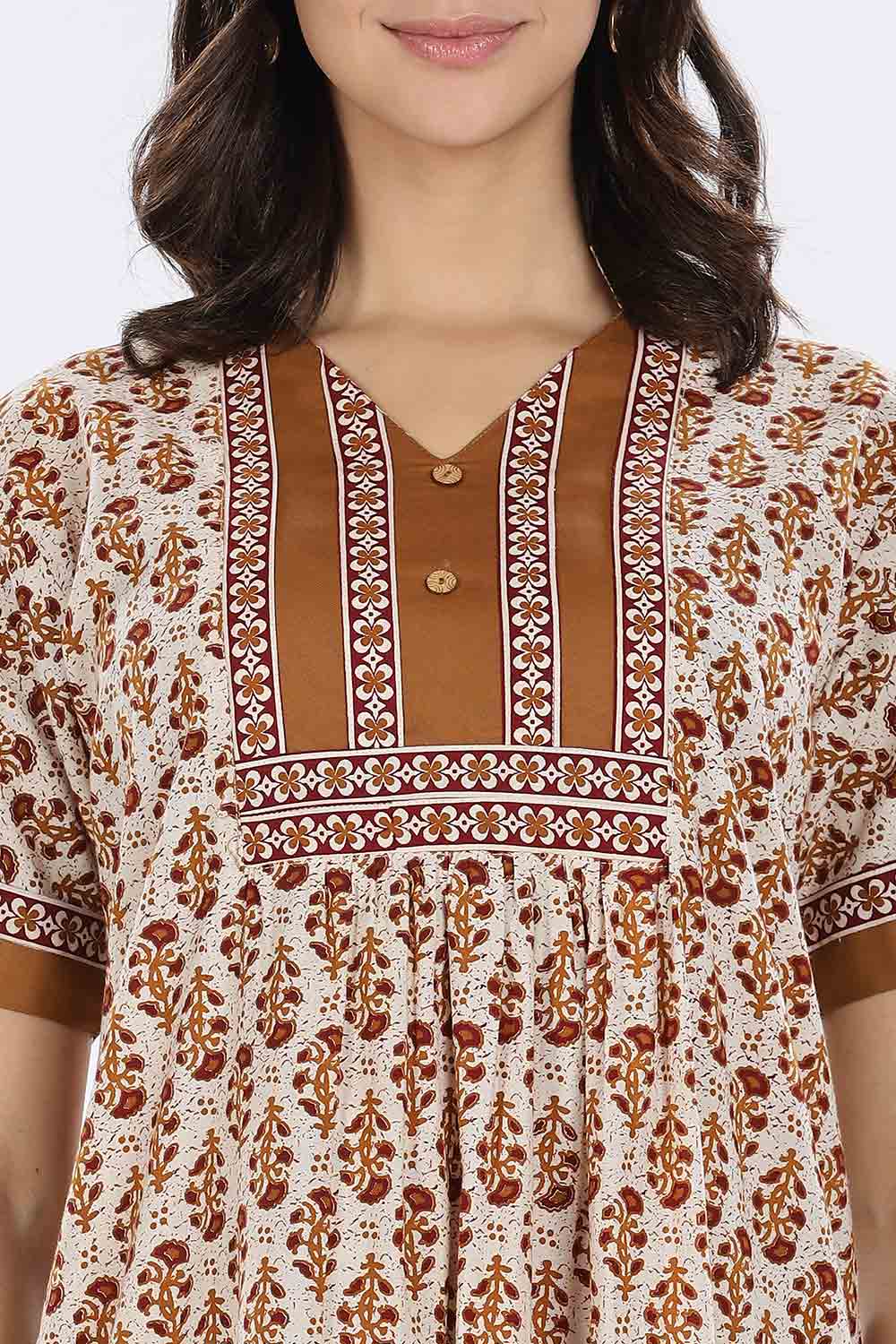 Naidu Hall Women’s Printed Cotton Blend Full Length Nighty with Mandarin Collar and V Slit
 - Mustard - NA67