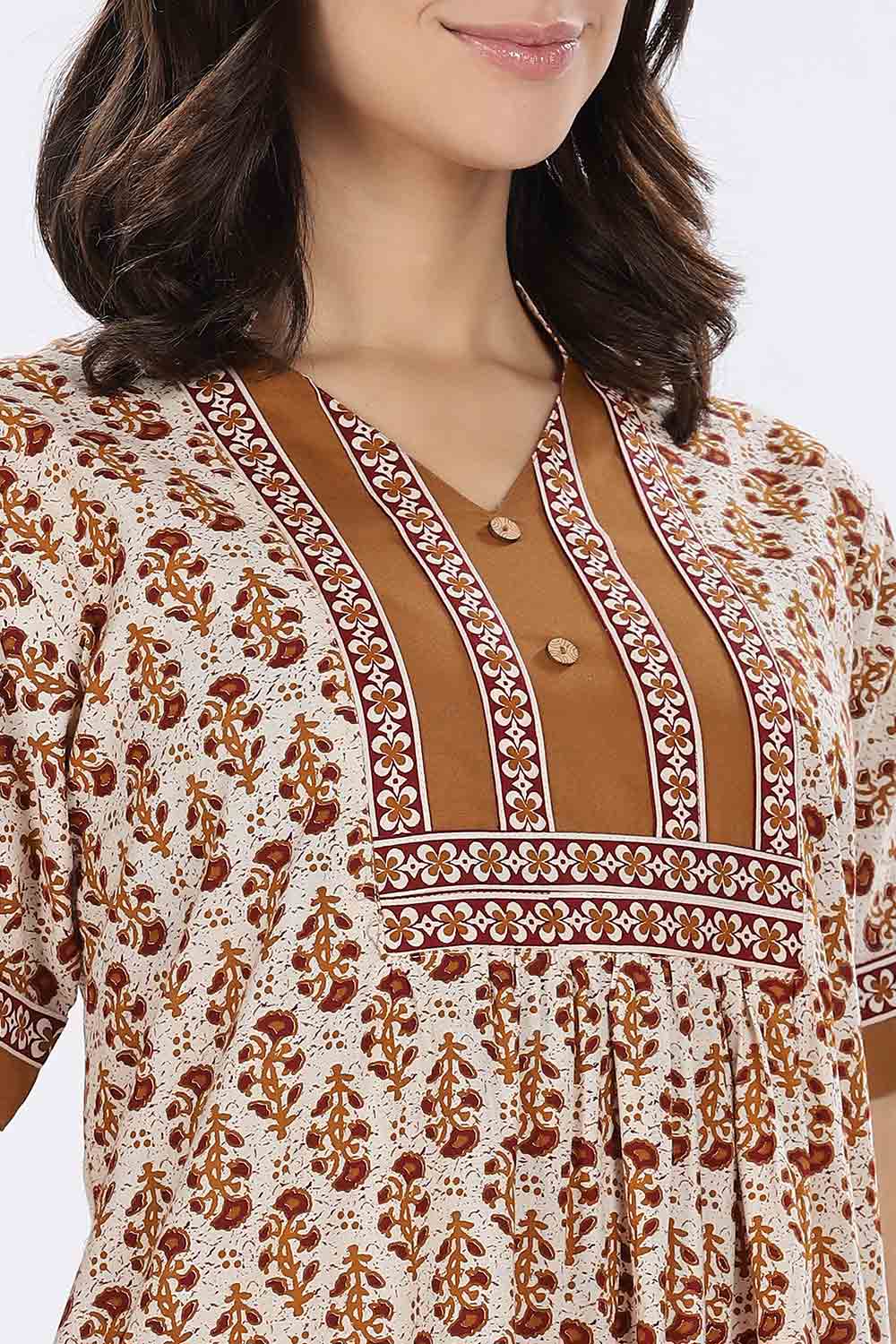 Naidu Hall Women’s Printed Cotton Blend Full Length Nighty with Mandarin Collar and V Slit
 - Mustard - NA67