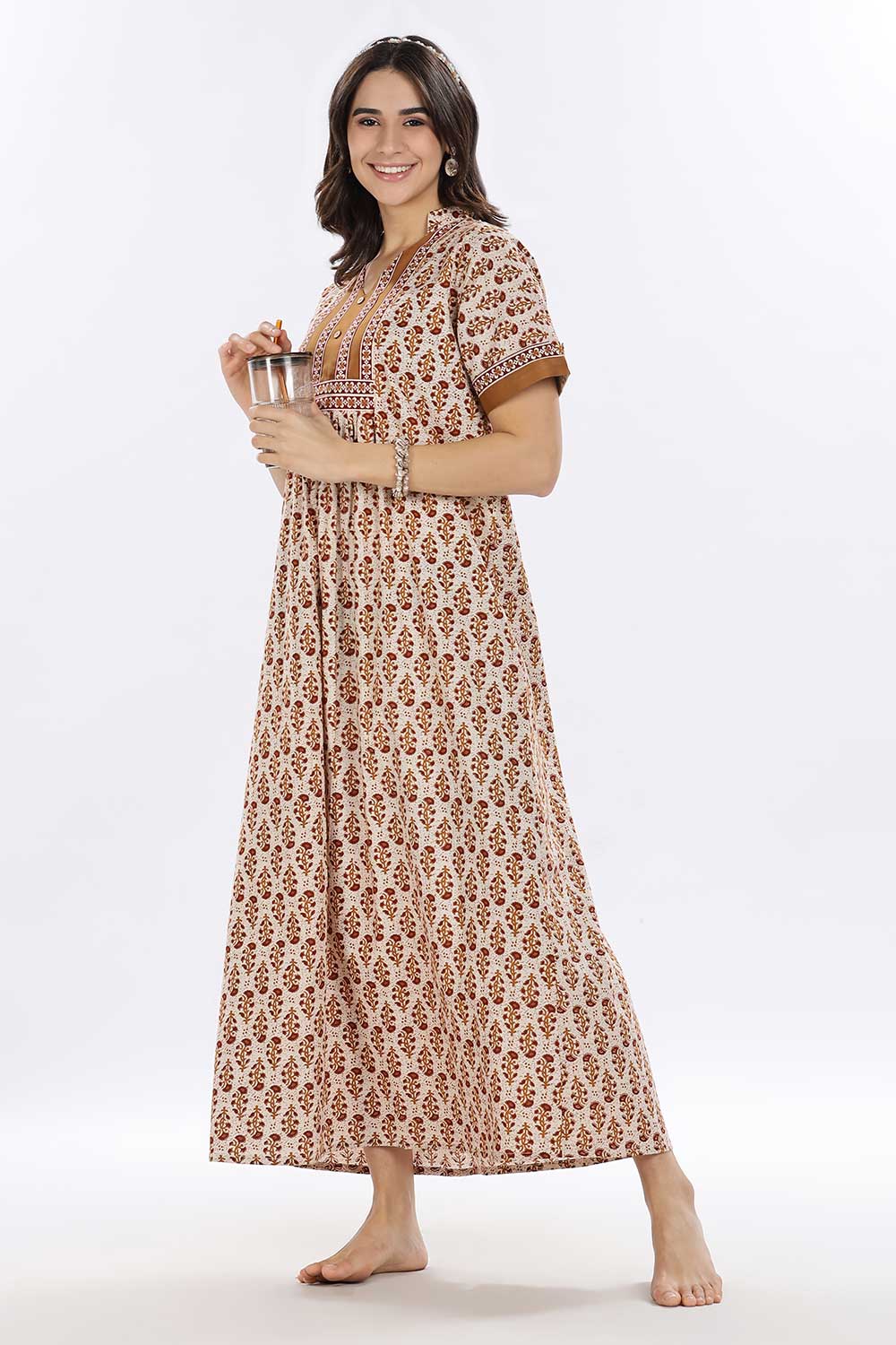Naidu Hall Women’s Printed Cotton Blend Full Length Nighty with Mandarin Collar and V Slit
 - Mustard - NA67