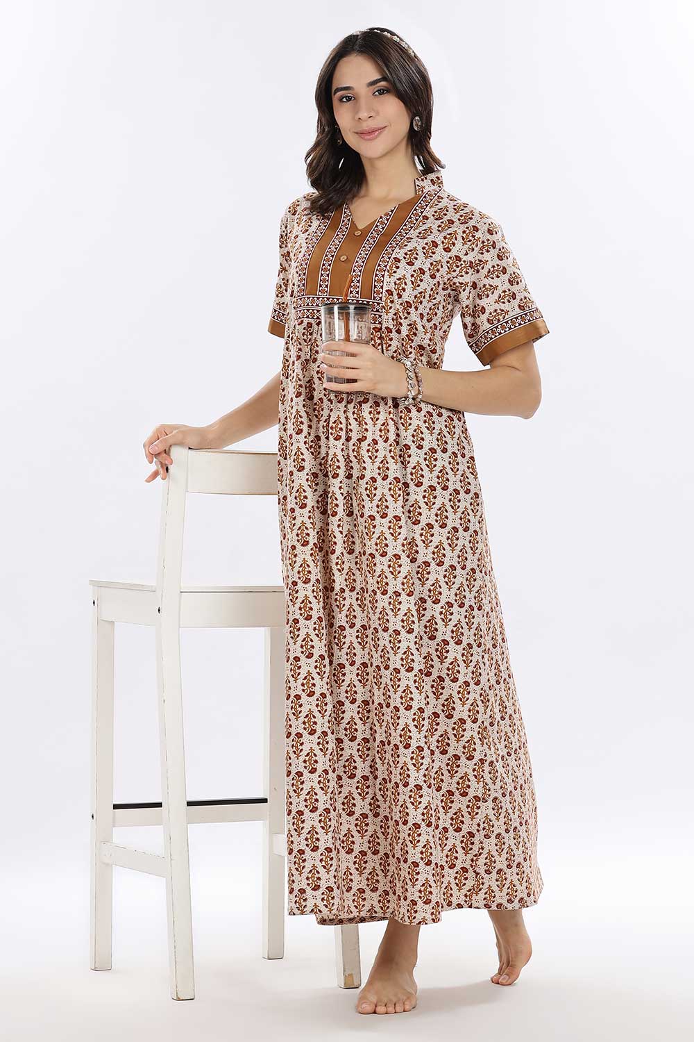 Naidu Hall Women’s Printed Cotton Blend Full Length Nighty with Mandarin Collar and V Slit
 - Mustard - NA67