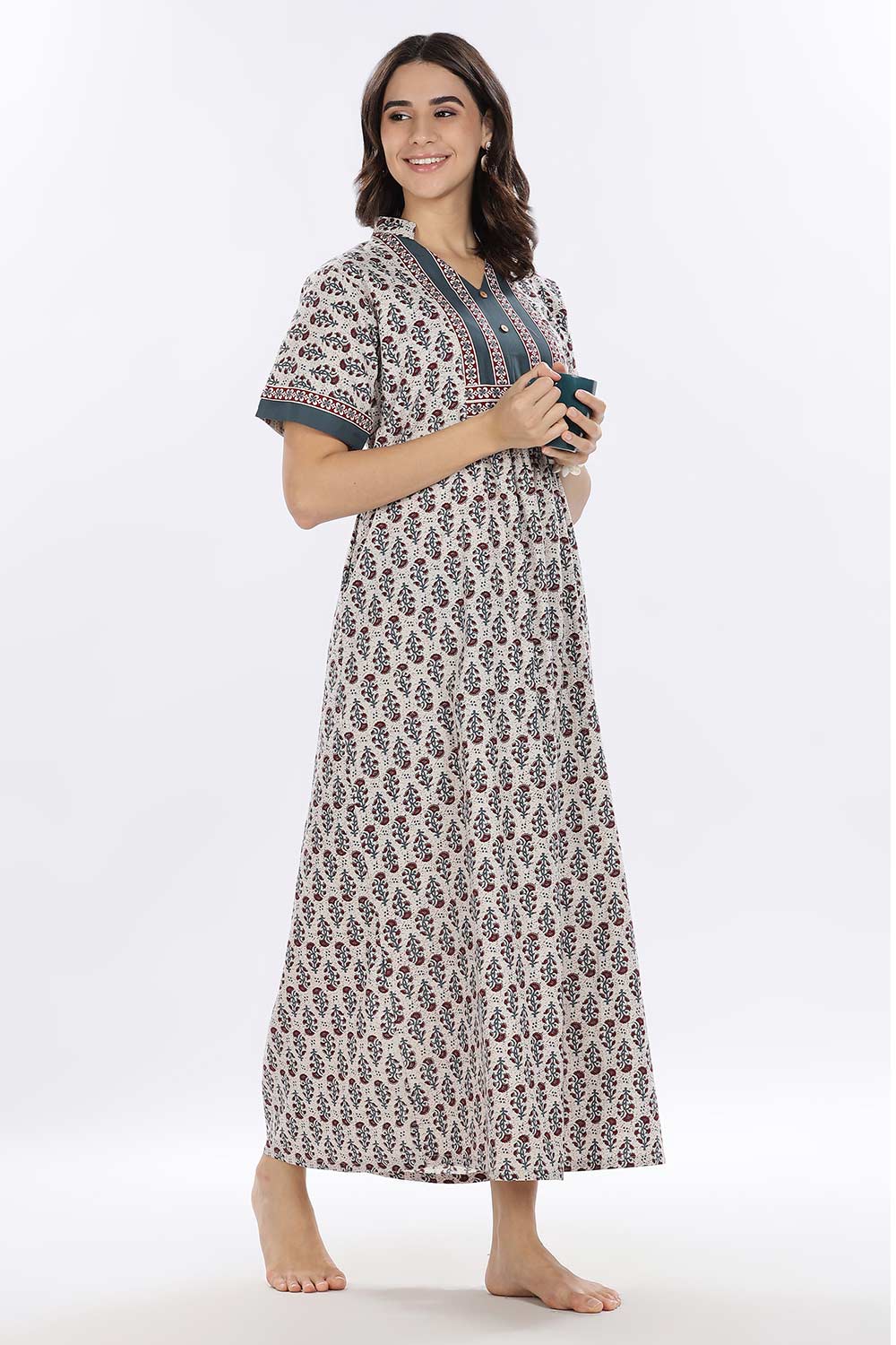 Naidu Hall Women’s Printed Cotton Blend Full Length Nighty with Mandarin Collar and V Slit
 - Teal - NA67