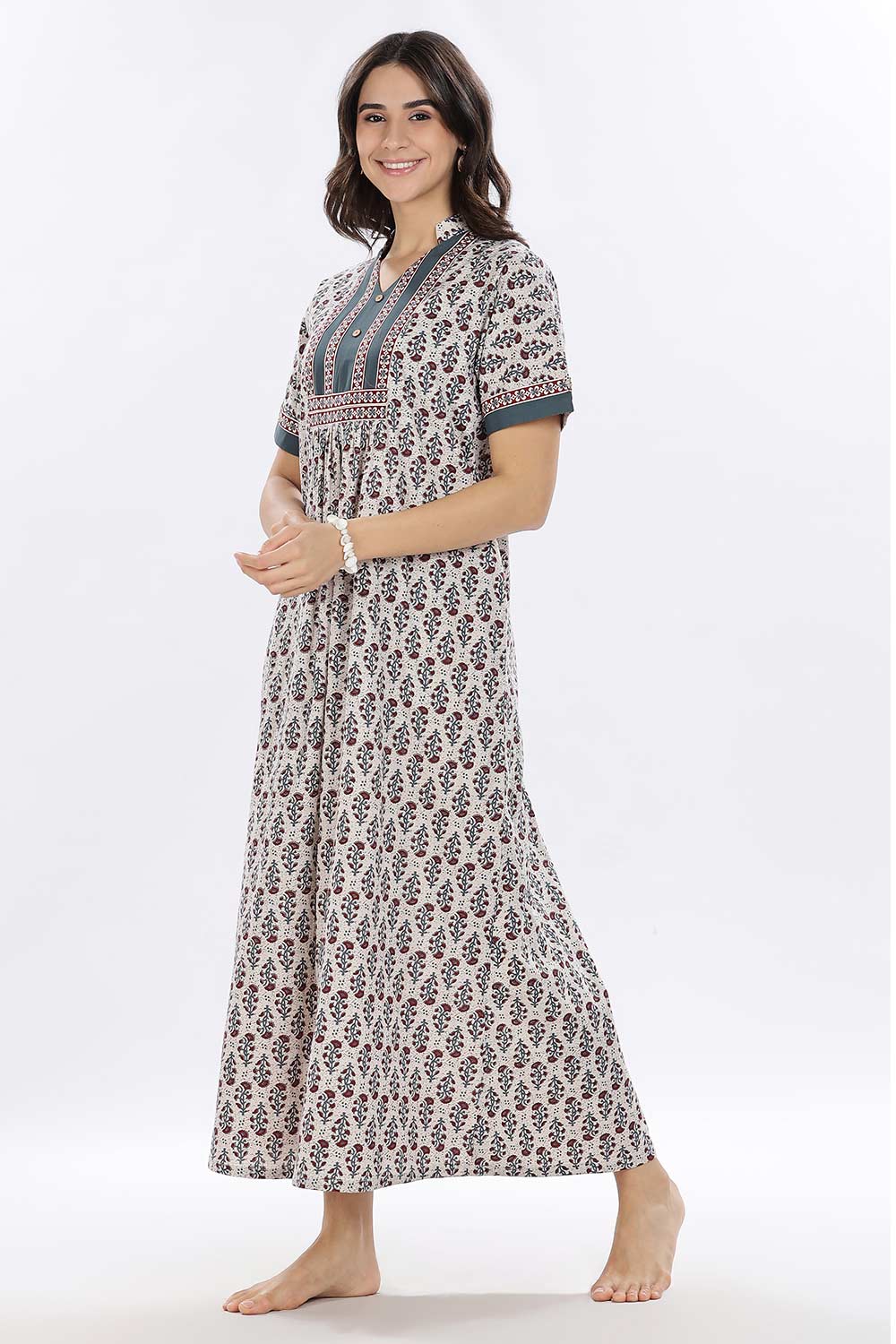 Naidu Hall Women’s Printed Cotton Blend Full Length Nighty with Mandarin Collar and V Slit
 - Teal - NA67