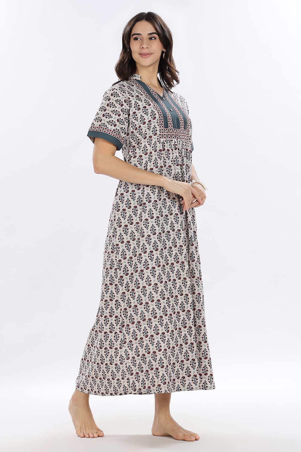 Naidu Hall Women’s Printed Cotton Blend Full Length Nighty with Mandarin Collar and V Slit
 - Teal - NA67