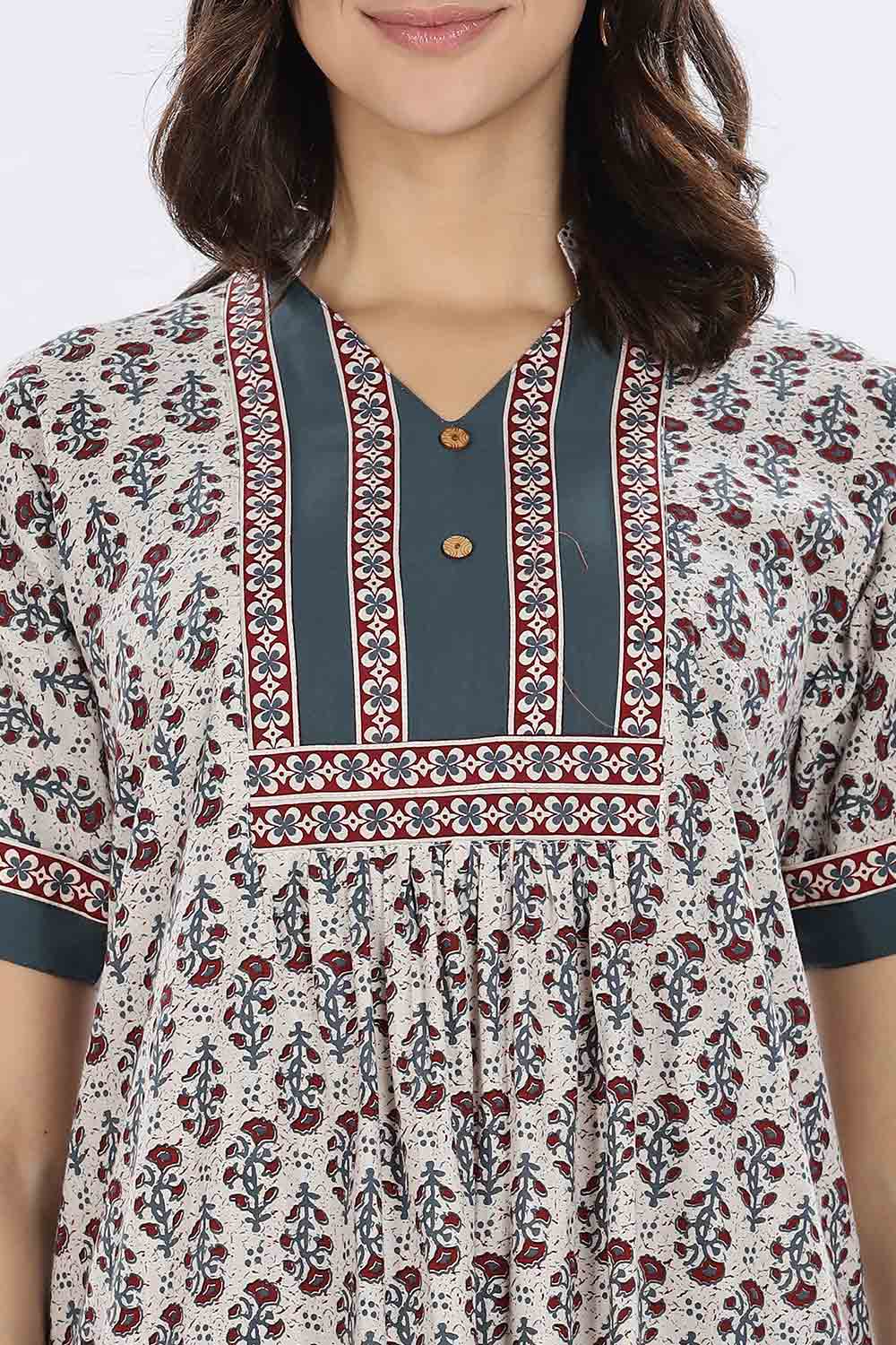 Naidu Hall Women’s Printed Cotton Blend Full Length Nighty with Mandarin Collar and V Slit
 - Teal - NA67
