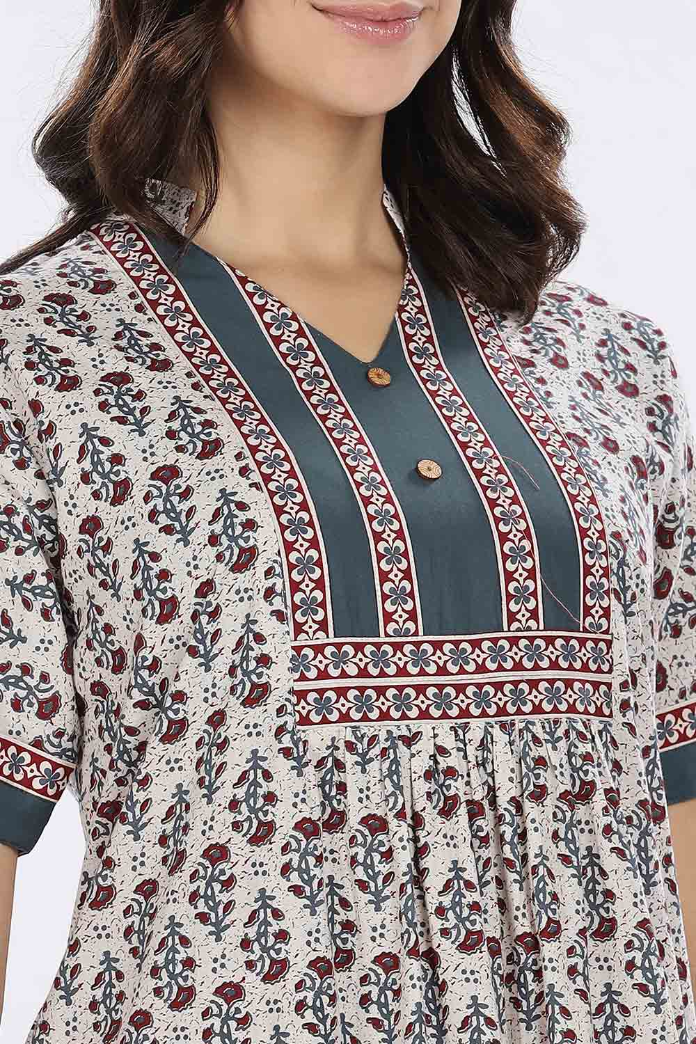 Naidu Hall Women’s Printed Cotton Blend Full Length Nighty with Mandarin Collar and V Slit
 - Teal - NA67