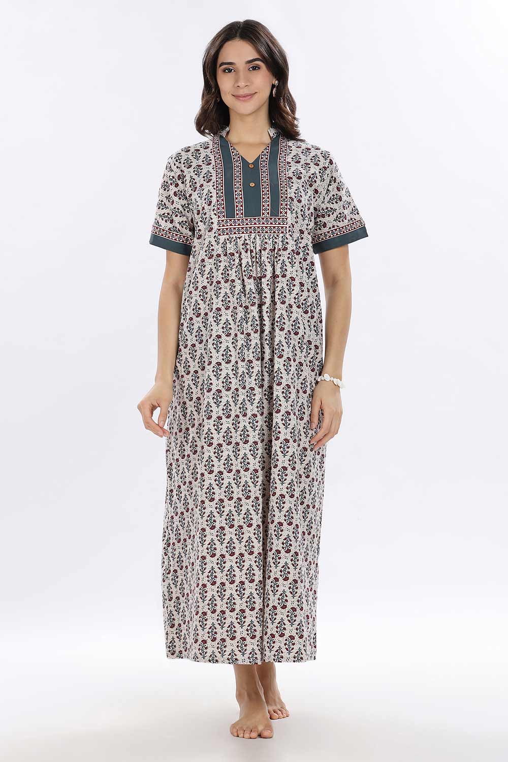 Naidu Hall Women’s Printed Cotton Blend Full Length Nighty with Mandarin Collar and V Slit
 - Teal - NA67
