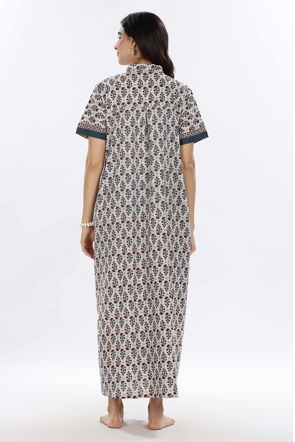 Naidu Hall Women’s Printed Cotton Blend Full Length Nighty with Mandarin Collar and V Slit
 - Teal - NA67