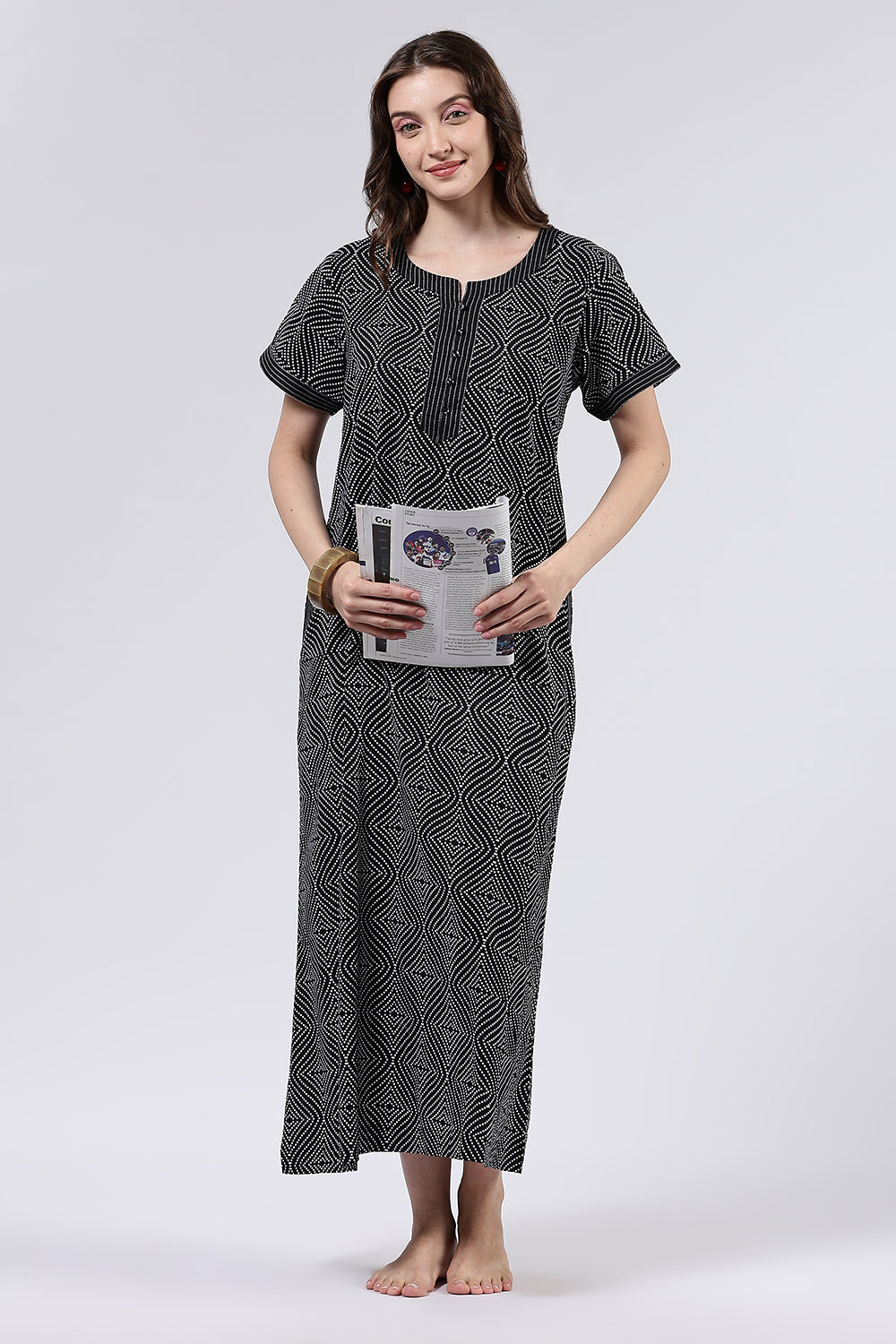 Naidu Hall Women’s Printed Cotton Full Length Nighty with Mandarin Collar and V Neckline
 - Black - NA68