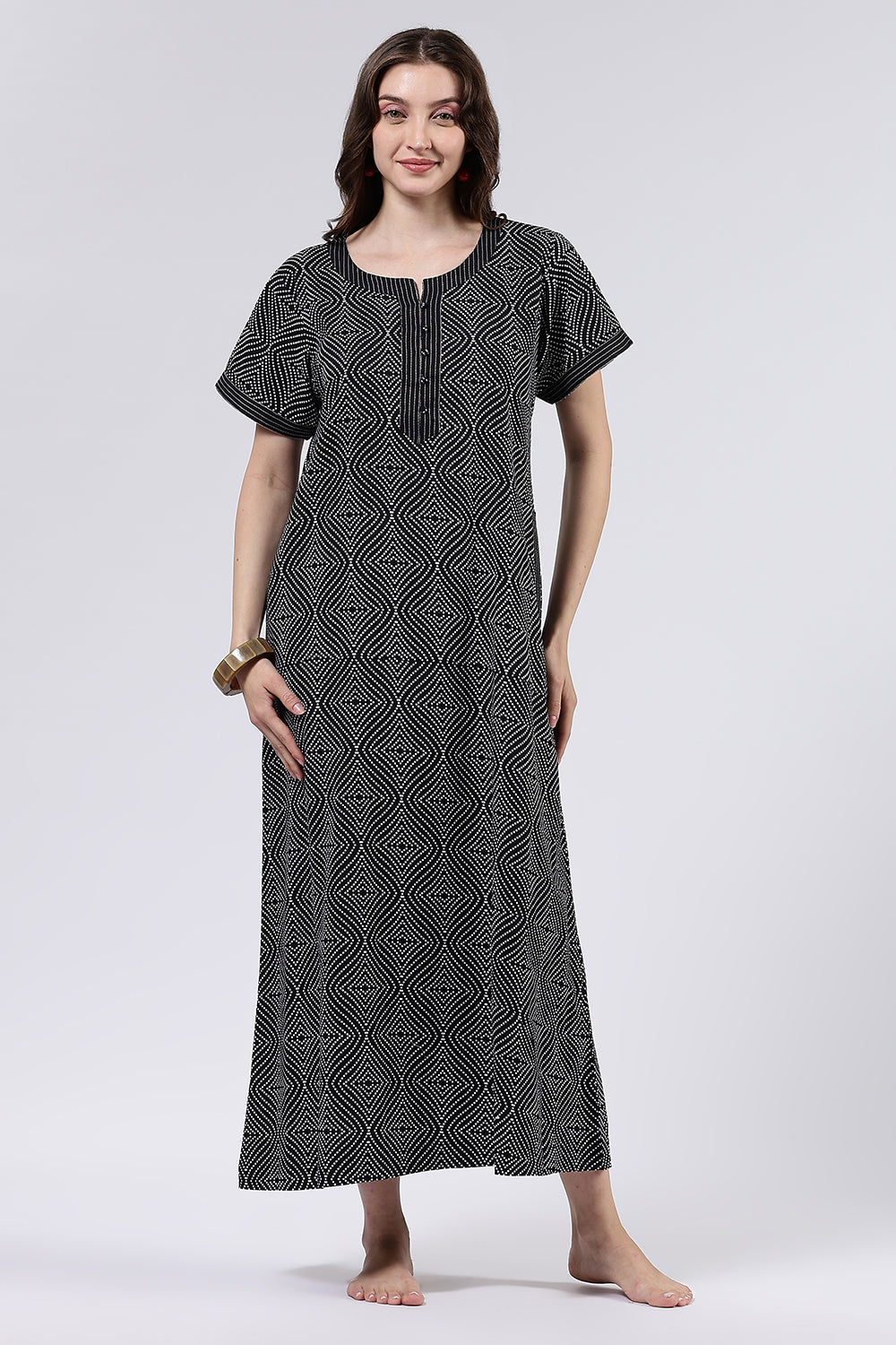Naidu Hall Women’s Printed Cotton Full Length Nighty with Mandarin Collar and V Neckline
 - Black - NA68