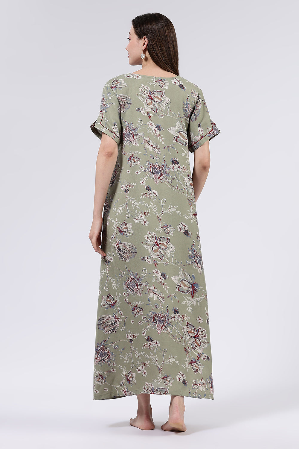 Naidu Hall Women’s Printed Cotton Blend Full Length Nighty with Mandarin Collar and V Slit Placket
 - NA69