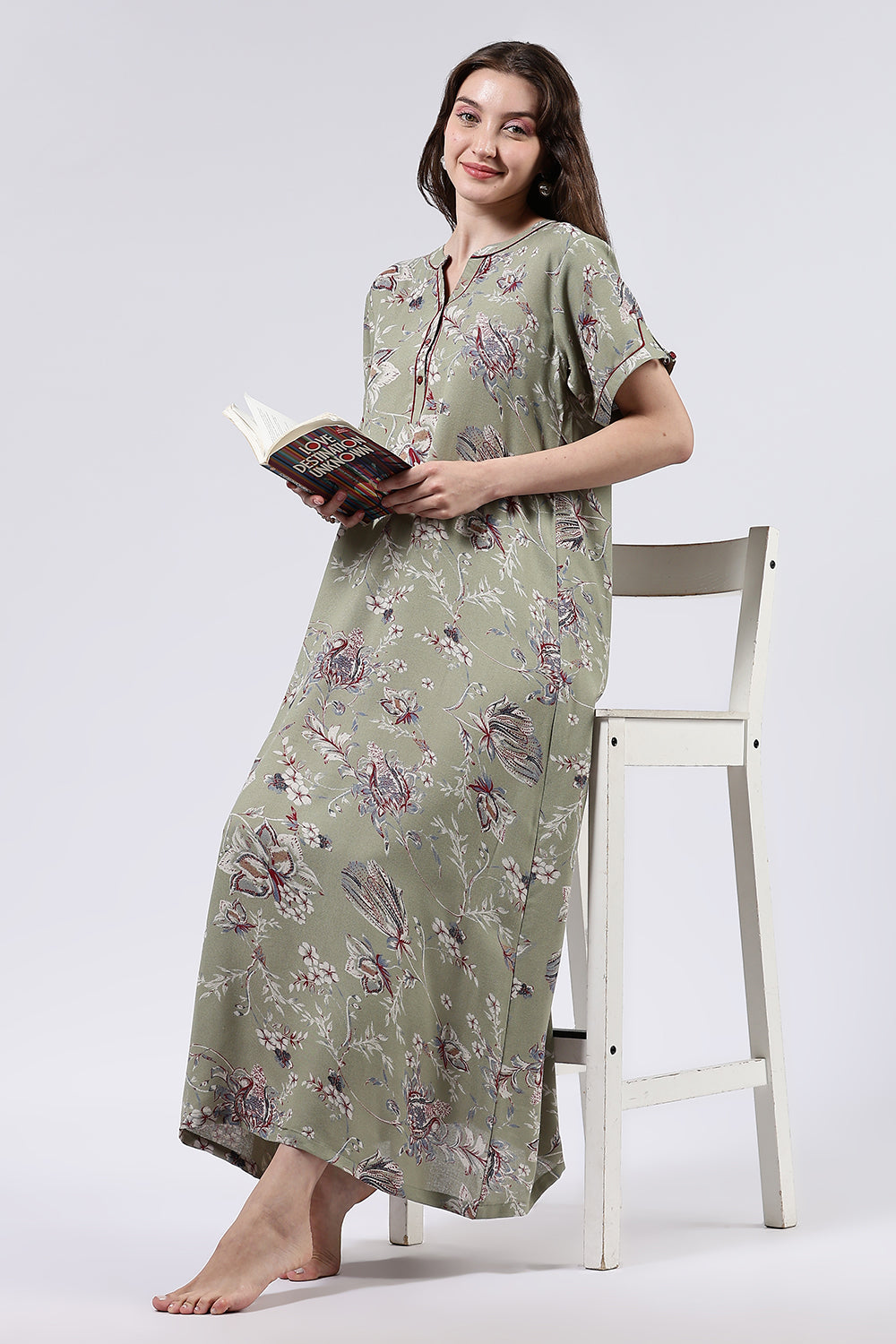 Naidu Hall Women’s Printed Cotton Blend Full Length Nighty with Mandarin Collar and V Slit Placket
 - NA69