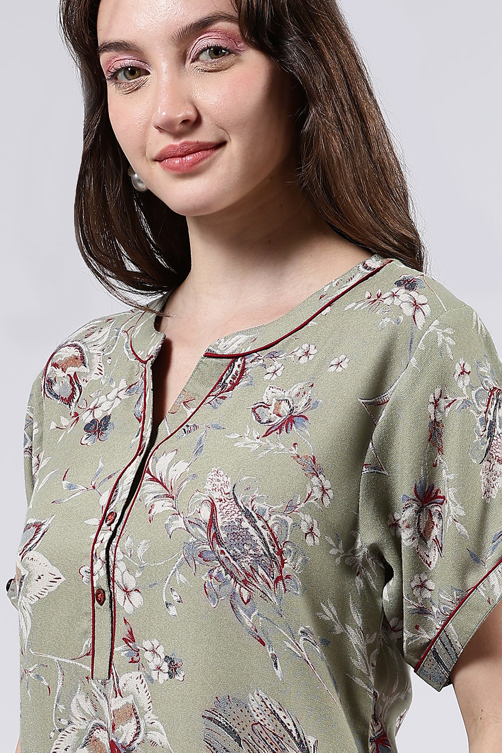 Naidu Hall Women’s Printed Cotton Blend Full Length Nighty with Mandarin Collar and V Slit Placket
 - NA69