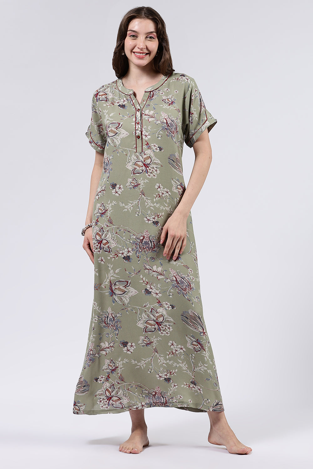 Naidu Hall Women’s Printed Cotton Blend Full Length Nighty with Mandarin Collar and V Slit Placket
 - NA69