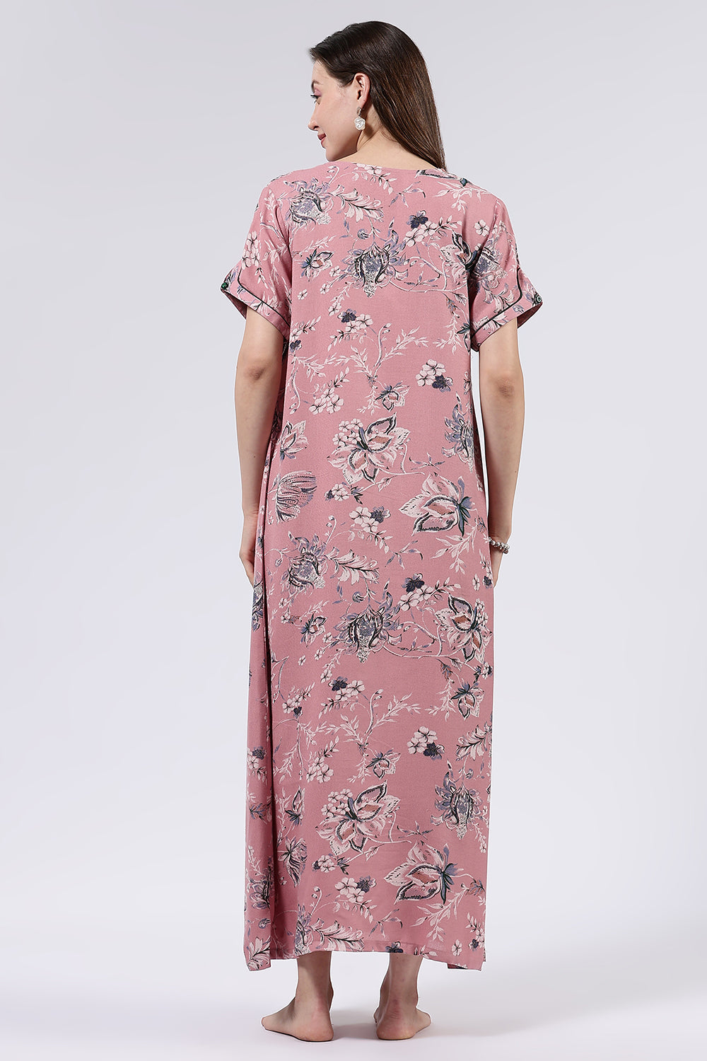 Naidu Hall Women’s Printed Cotton Blend Full Length Nighty with Mandarin Collar and V Slit Placket
 - NA69