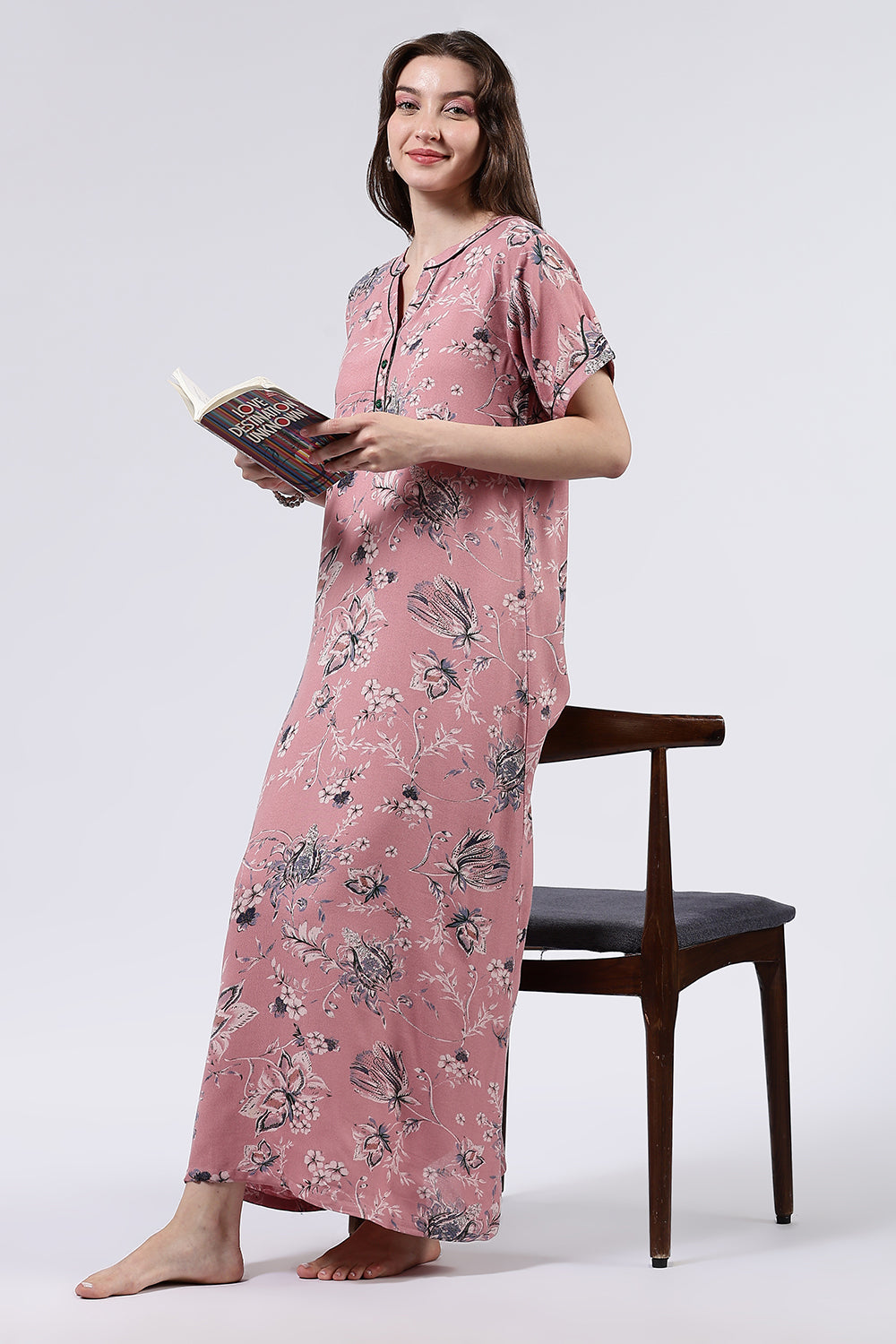 Naidu Hall Women’s Printed Cotton Blend Full Length Nighty with Mandarin Collar and V Slit Placket
 - NA69