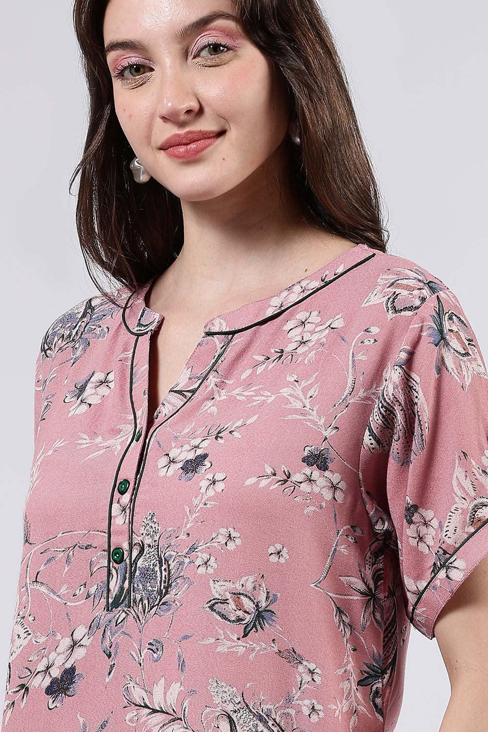 Naidu Hall Women’s Printed Cotton Blend Full Length Nighty with Mandarin Collar and V Slit Placket
 - NA69
