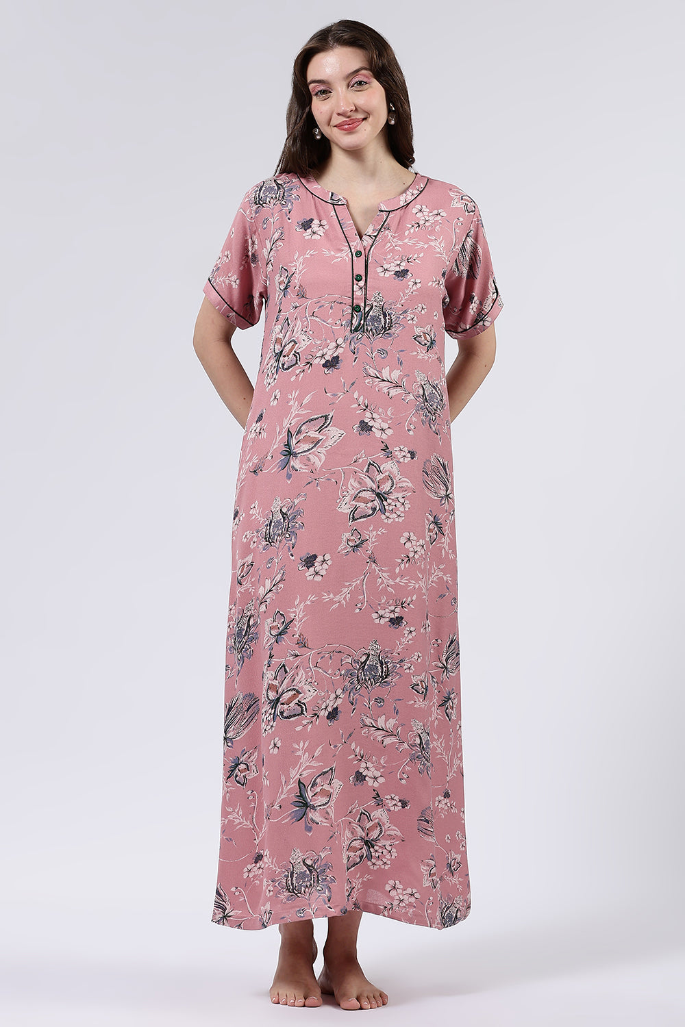 Naidu Hall Women’s Printed Cotton Blend Full Length Nighty with Mandarin Collar and V Slit Placket
 - NA69