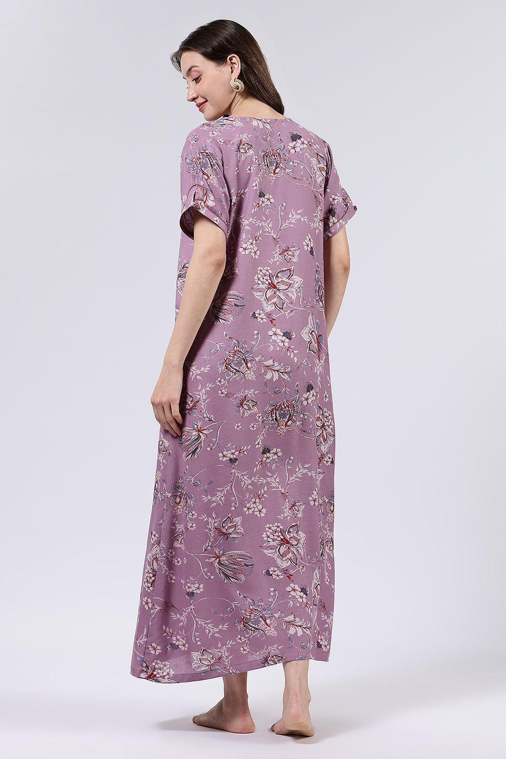 Naidu Hall Women’s Printed Cotton Blend Full Length Nighty with Mandarin Collar and V Slit Placket
 - NA69