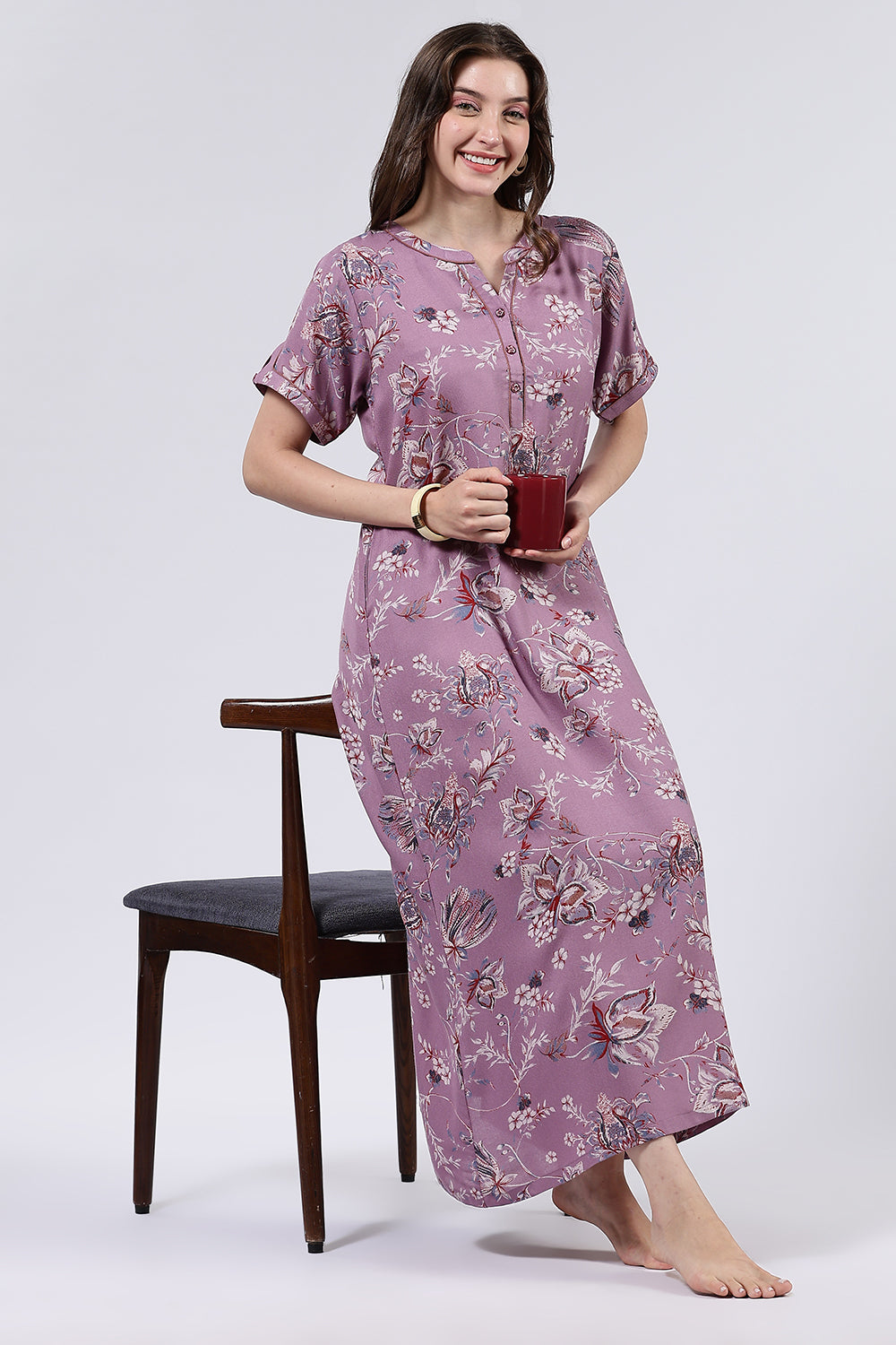 Naidu Hall Women’s Printed Cotton Blend Full Length Nighty with Mandarin Collar and V Slit Placket
 - NA69