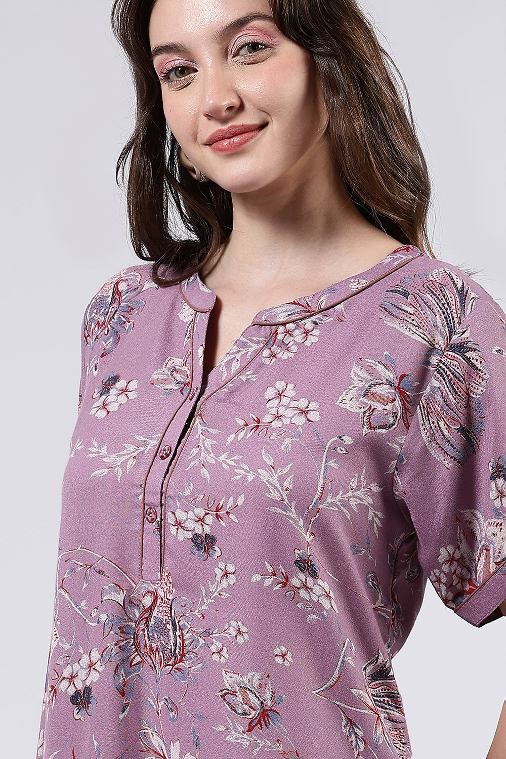 Naidu Hall Women’s Printed Cotton Blend Full Length Nighty with Mandarin Collar and V Slit Placket
 - NA69