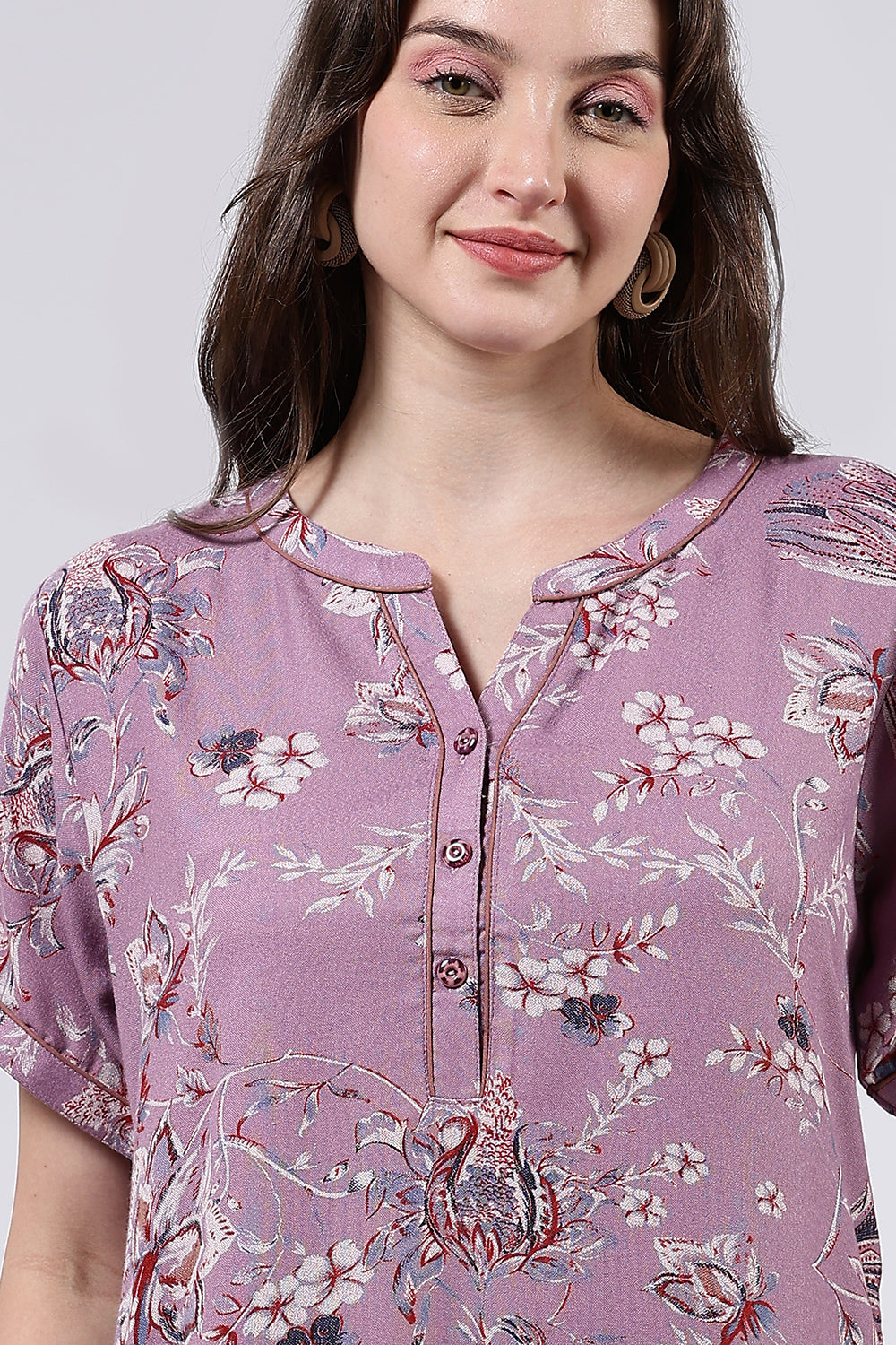 Naidu Hall Women’s Printed Cotton Blend Full Length Nighty with Mandarin Collar and V Slit Placket
 - NA69