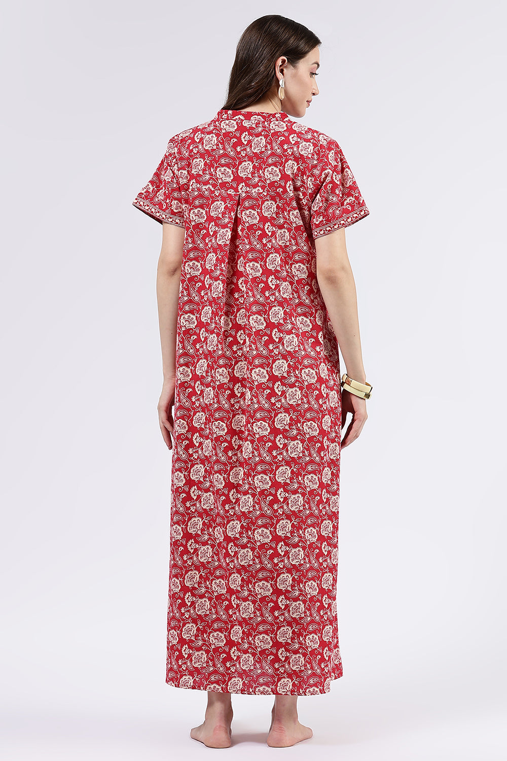 Naidu Hall Women’s Printed Cotton Full Length Nighty with Mandarin Collar and V Slit Neckline
 - Red - NA69