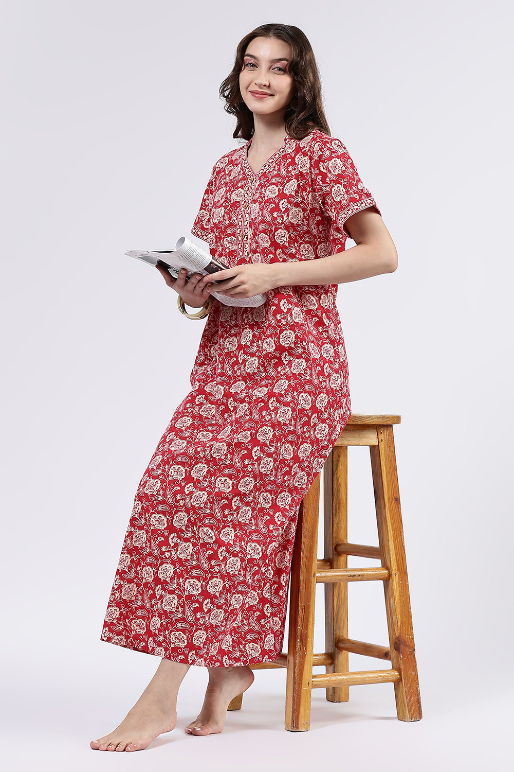 Naidu Hall Women’s Printed Cotton Full Length Nighty with Mandarin Collar and V Slit Neckline
 - Red - NA69