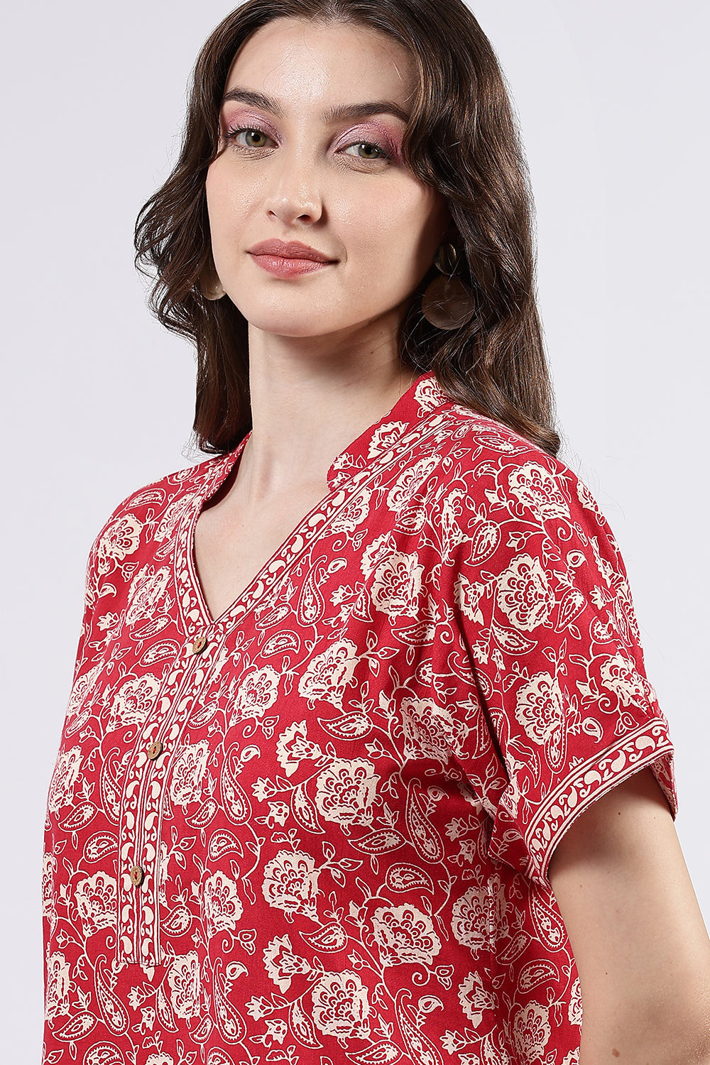 Naidu Hall Women’s Printed Cotton Full Length Nighty with Mandarin Collar and V Slit Neckline
 - Red - NA69