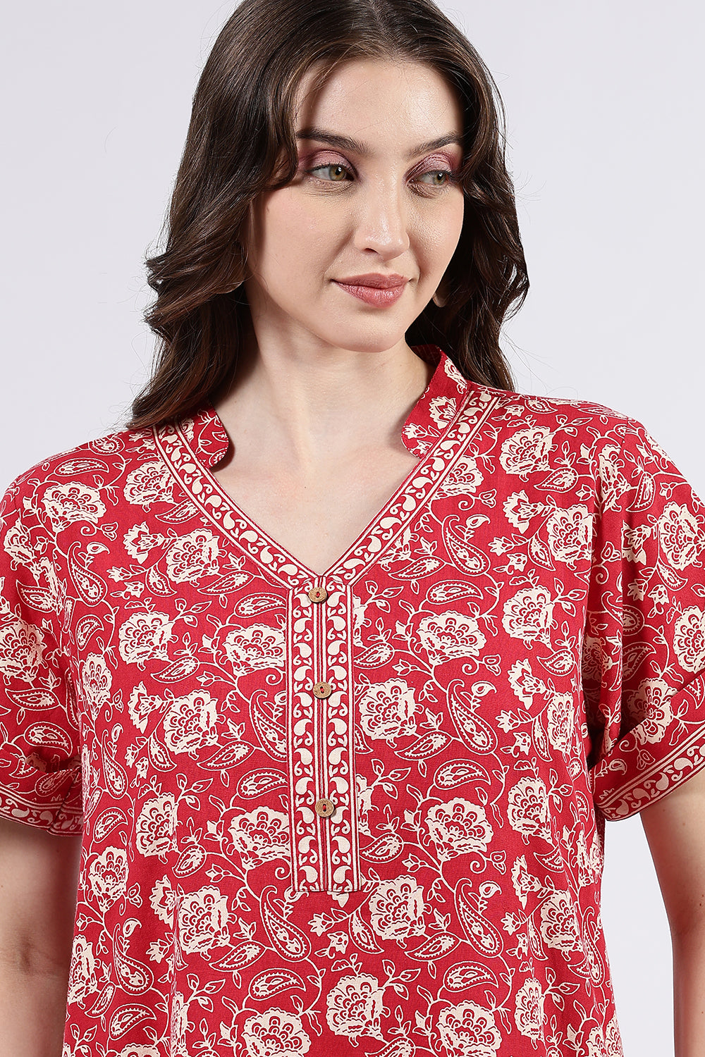 Naidu Hall Women’s Printed Cotton Full Length Nighty with Mandarin Collar and V Slit Neckline
 - Red - NA69