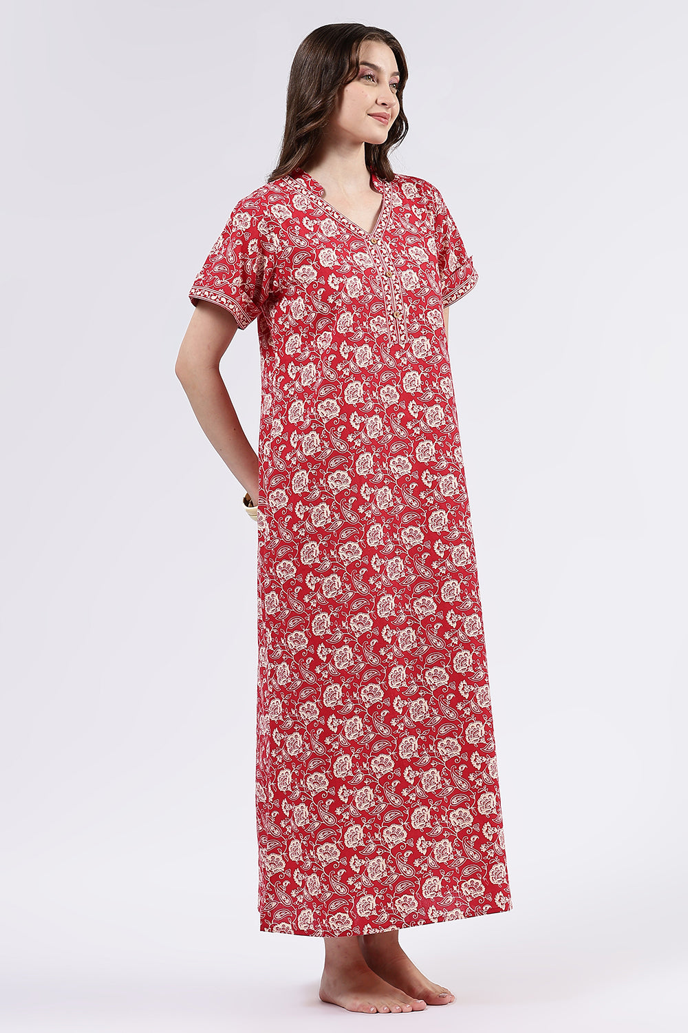 Naidu Hall Women’s Printed Cotton Full Length Nighty with Mandarin Collar and V Slit Neckline
 - Red - NA69