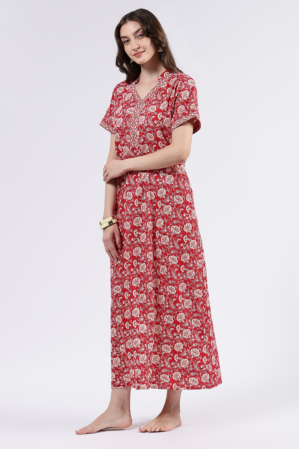 Naidu Hall Women’s Printed Cotton Full Length Nighty with Mandarin Collar and V Slit Neckline
 - Red - NA69