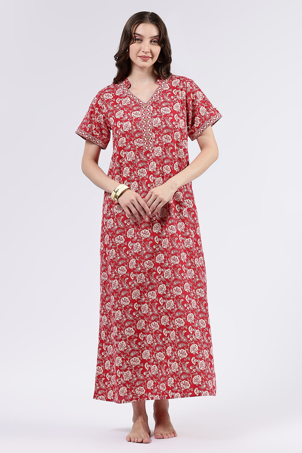 Naidu Hall Women’s Printed Cotton Full Length Nighty with Mandarin Collar and V Slit Neckline
 - Red - NA69