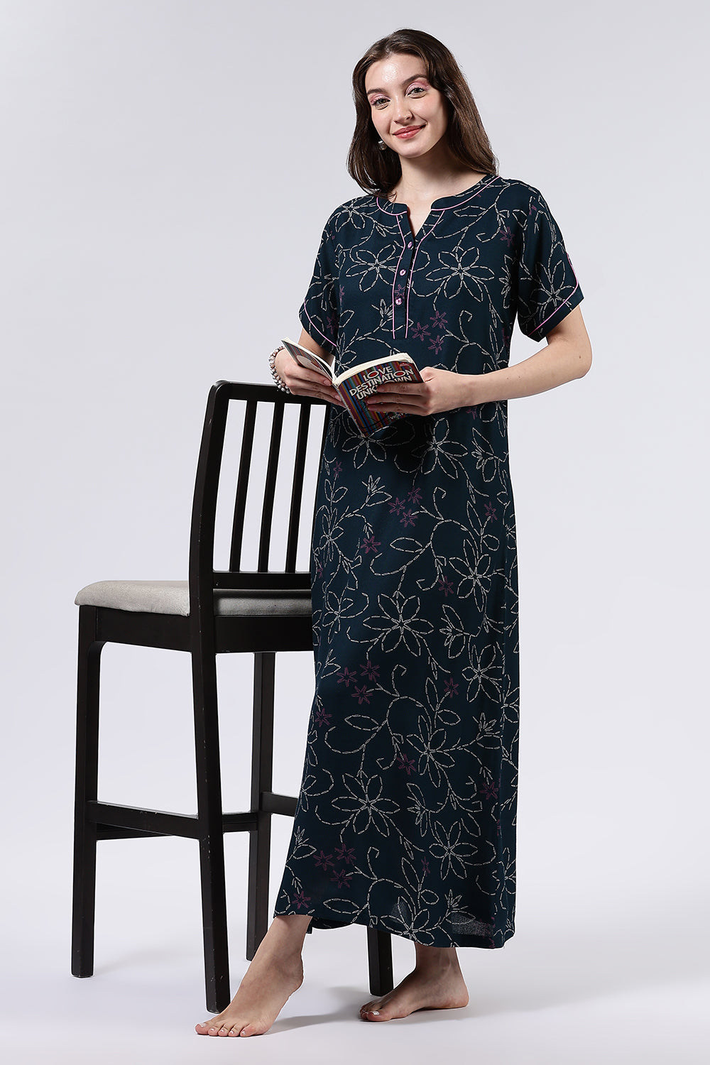 Naidu Hall Women’s Printed Cotton Blend Full Length Nighty with Mandarin Collar and V Slit Placket
 - NA70