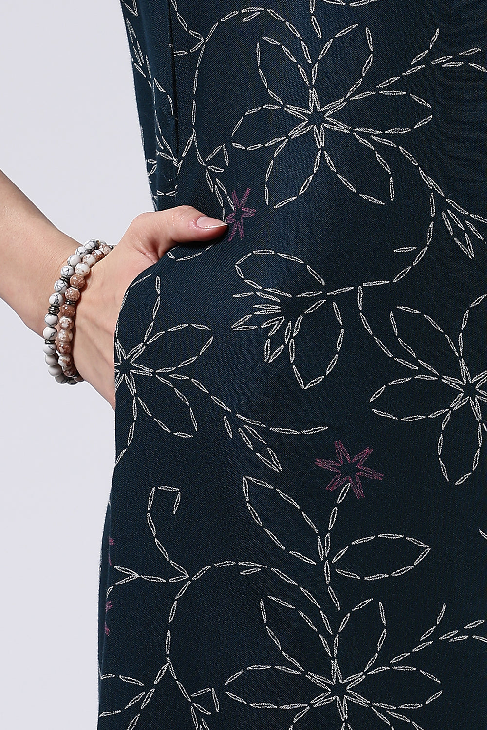 Naidu Hall Women’s Printed Cotton Blend Full Length Nighty with Mandarin Collar and V Slit Placket
 - NA70