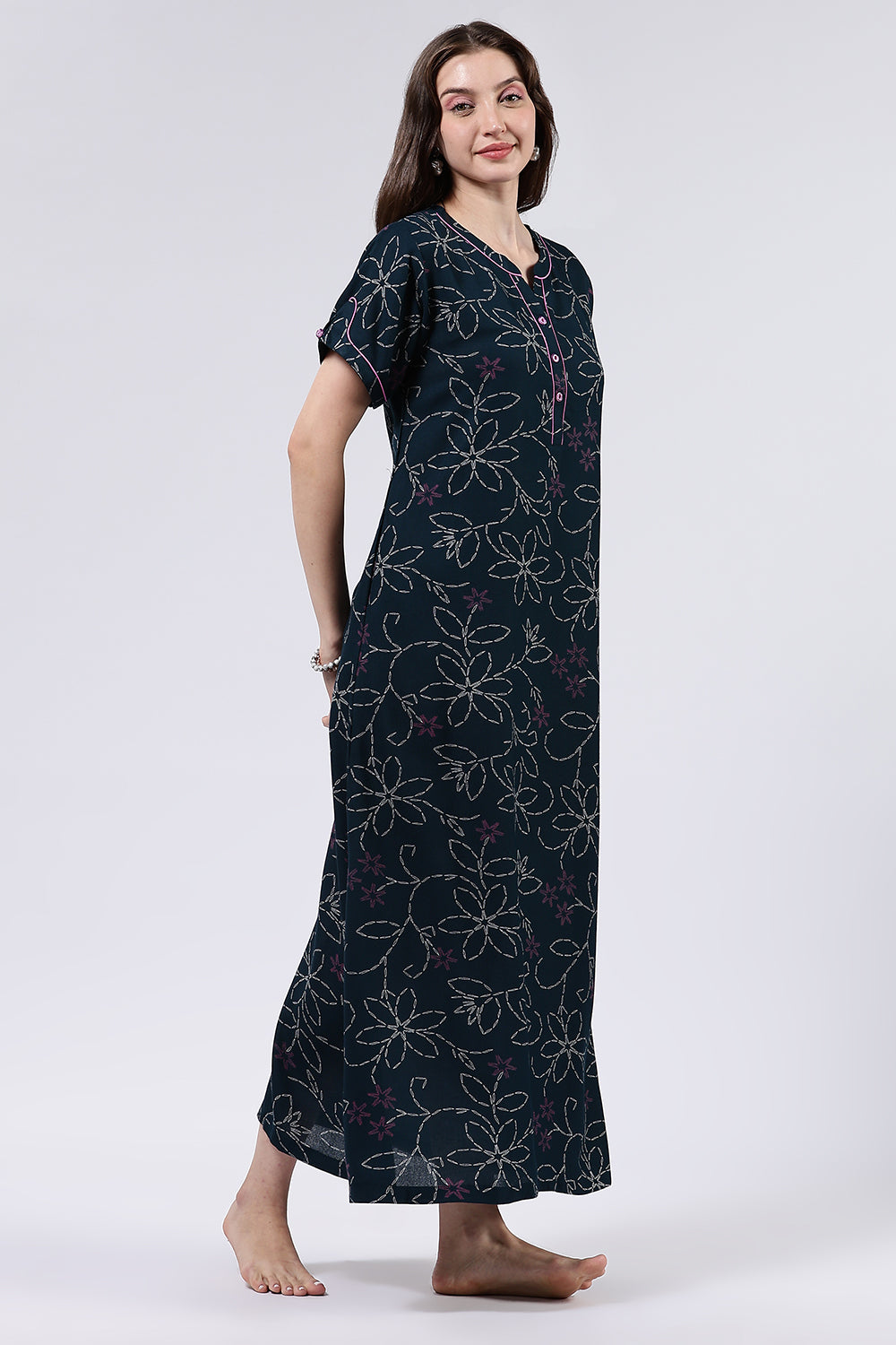 Naidu Hall Women’s Printed Cotton Blend Full Length Nighty with Mandarin Collar and V Slit Placket
 - NA70