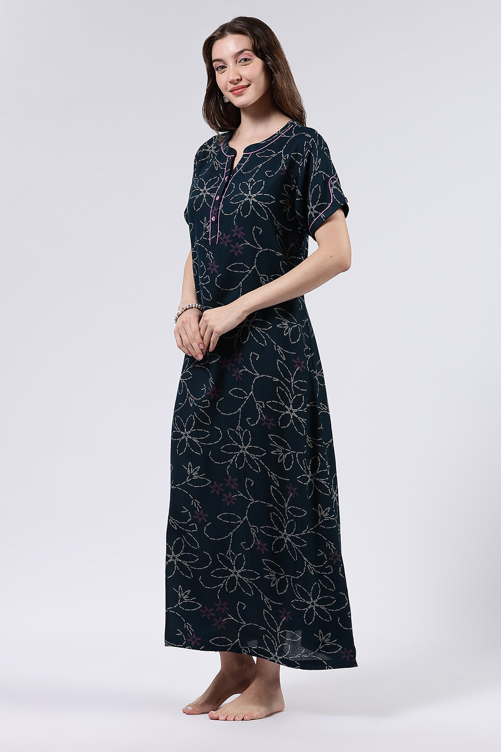 Naidu Hall Women’s Printed Cotton Blend Full Length Nighty with Mandarin Collar and V Slit Placket
 - NA70