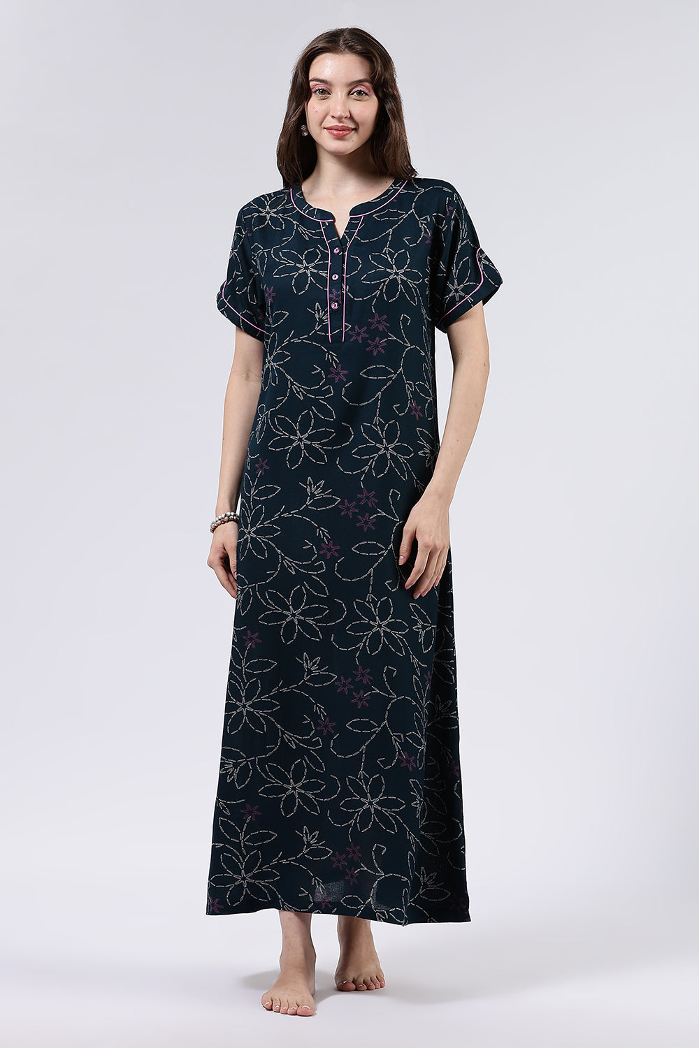 Naidu Hall Women’s Printed Cotton Blend Full Length Nighty with Mandarin Collar and V Slit Placket
 - NA70