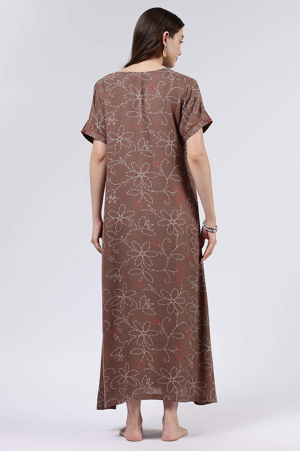 Naidu Hall Women’s Printed Cotton Blend Full Length Nighty with Mandarin Collar and V Slit Placket
 - NA70