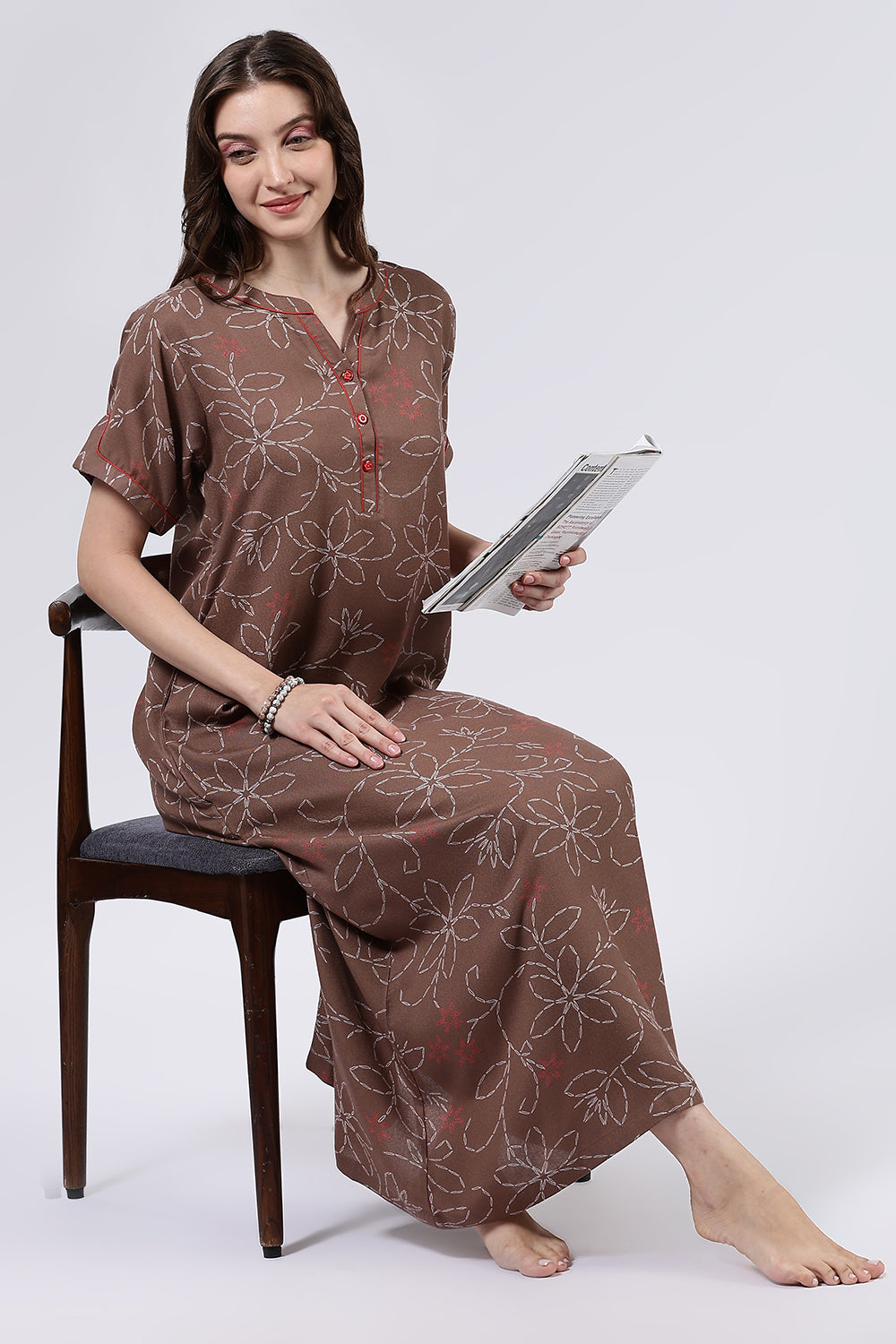 Naidu Hall Women’s Printed Cotton Blend Full Length Nighty with Mandarin Collar and V Slit Placket
 - NA70