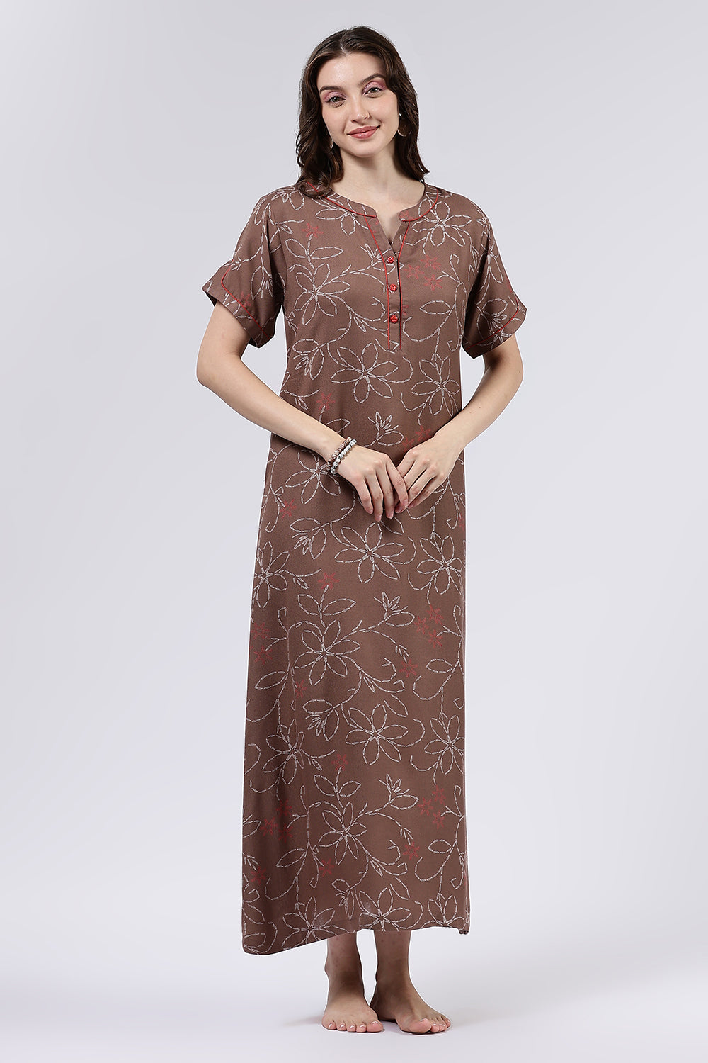 Naidu Hall Women’s Printed Cotton Blend Full Length Nighty with Mandarin Collar and V Slit Placket
 - NA70