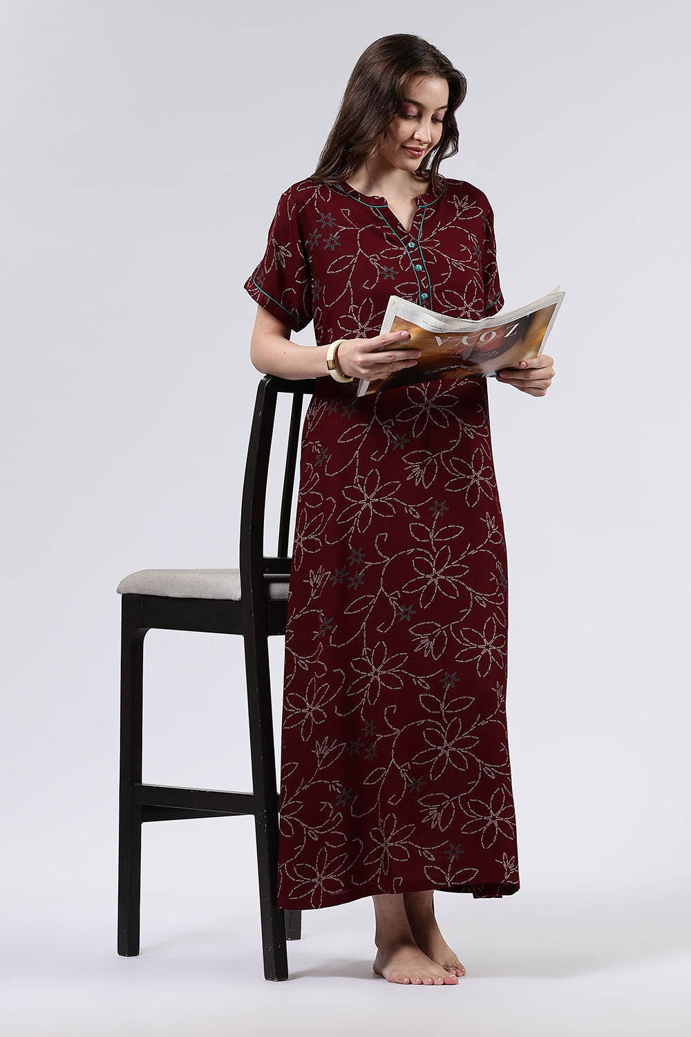 Naidu Hall Women’s Printed Cotton Blend Full Length Nighty with Mandarin Collar and V Slit Placket
 - NA70