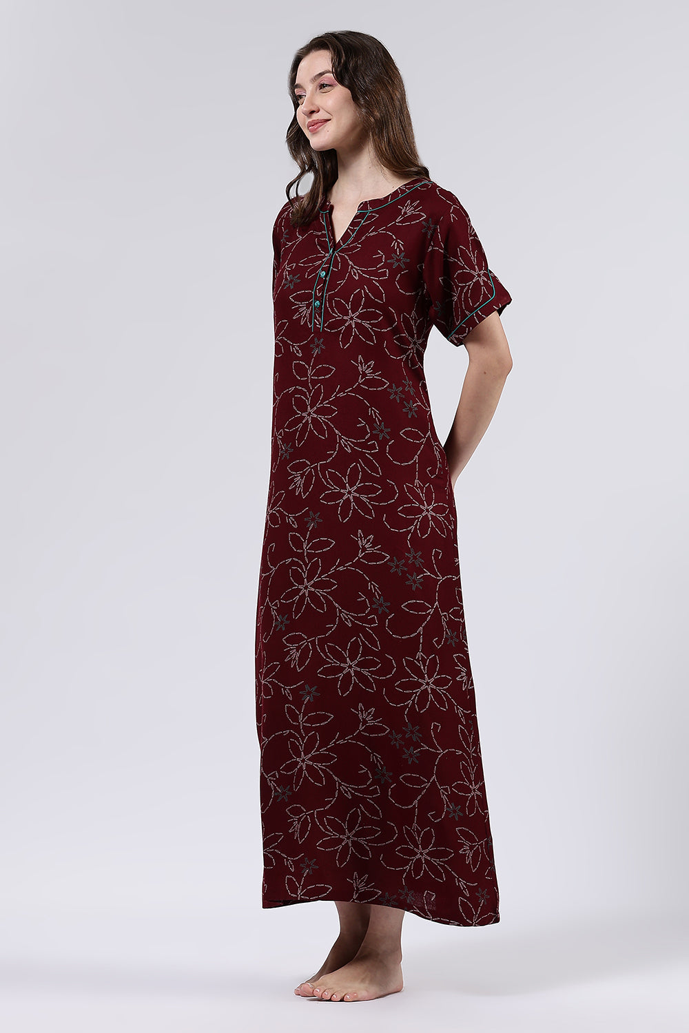 Naidu Hall Women’s Printed Cotton Blend Full Length Nighty with Mandarin Collar and V Slit Placket
 - NA70