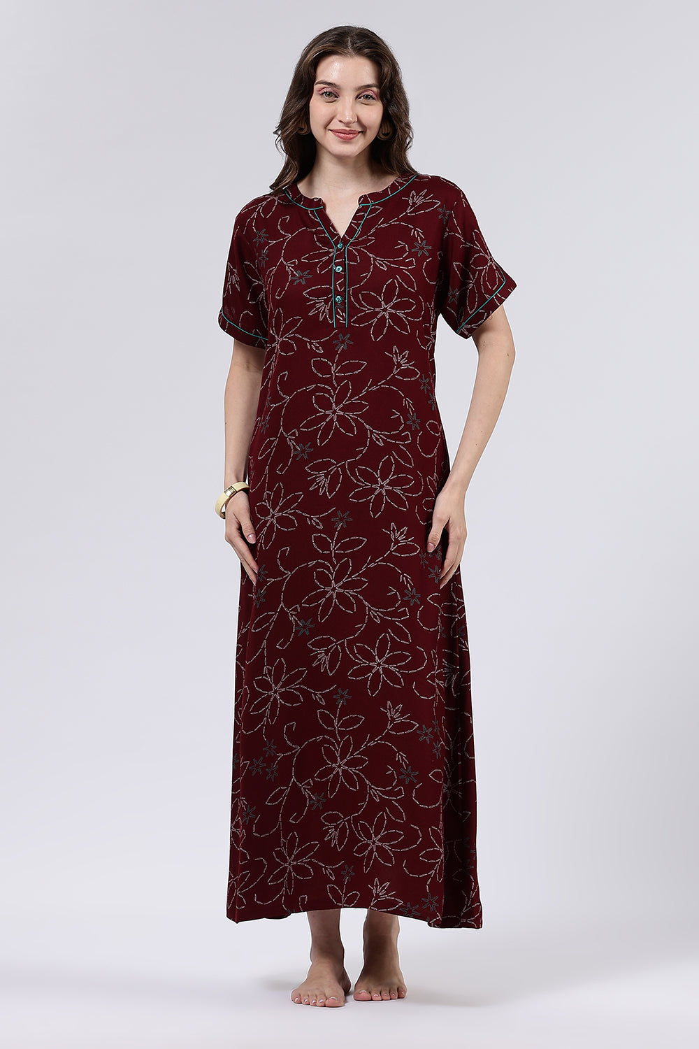 Naidu Hall Women’s Printed Cotton Blend Full Length Nighty with Mandarin Collar and V Slit Placket
 - NA70