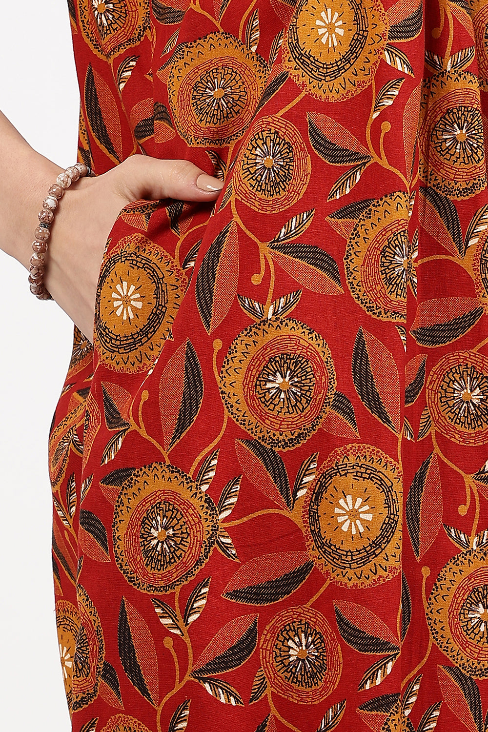 Naidu Hall Women’s Floral Printed Cotton Nighty with Front Yoke & Contrast Piping | Round Neck, Short Sleeves
 - NA94
