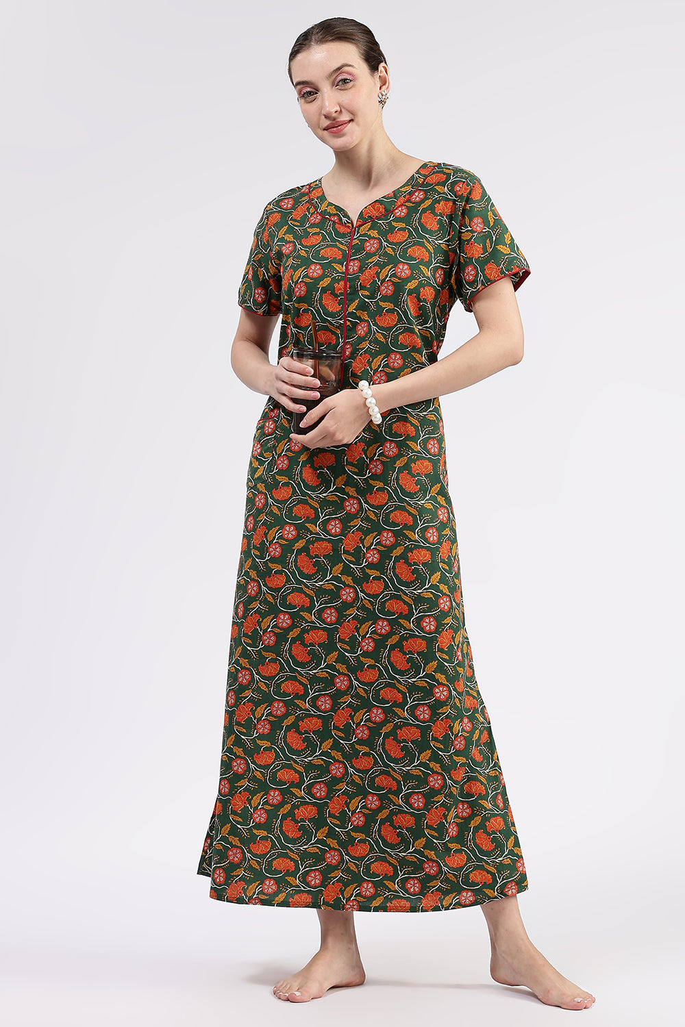 Naidu Hall Women’s Printed Cotton Full Length Nighty with Round Neck and Contrast Piping Detail
 - Green - NA96